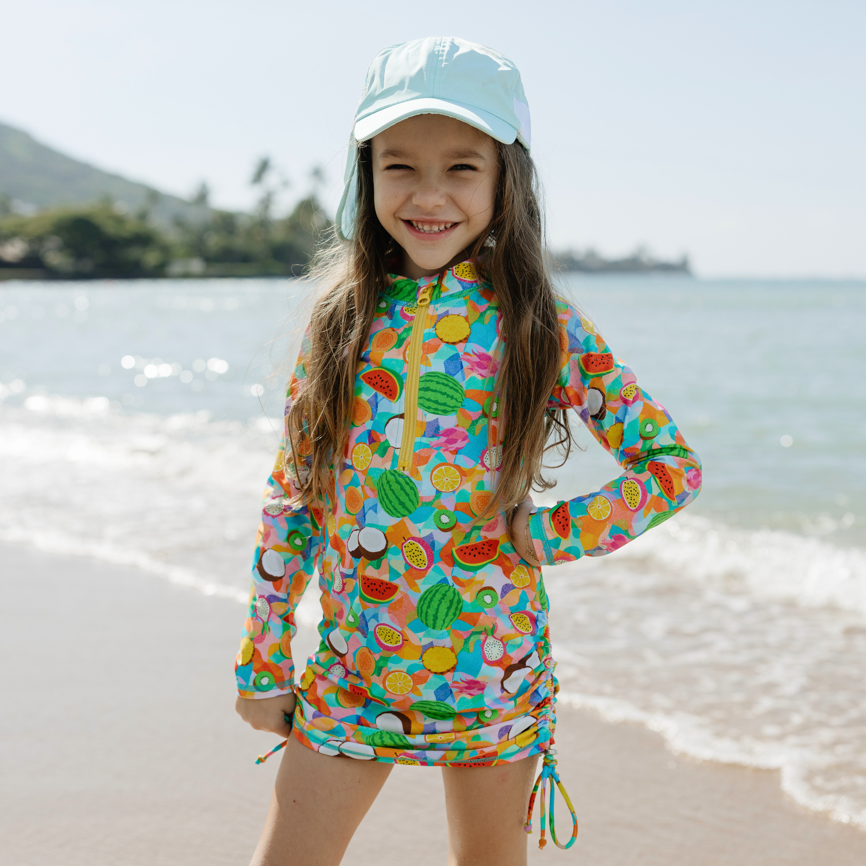 Girls Long Sleeve Swim Dress Cover Up | "Fruit Salad"-SwimZip UPF 50+ Sun Protective Swimwear & UV Zipper Rash Guards-pos12