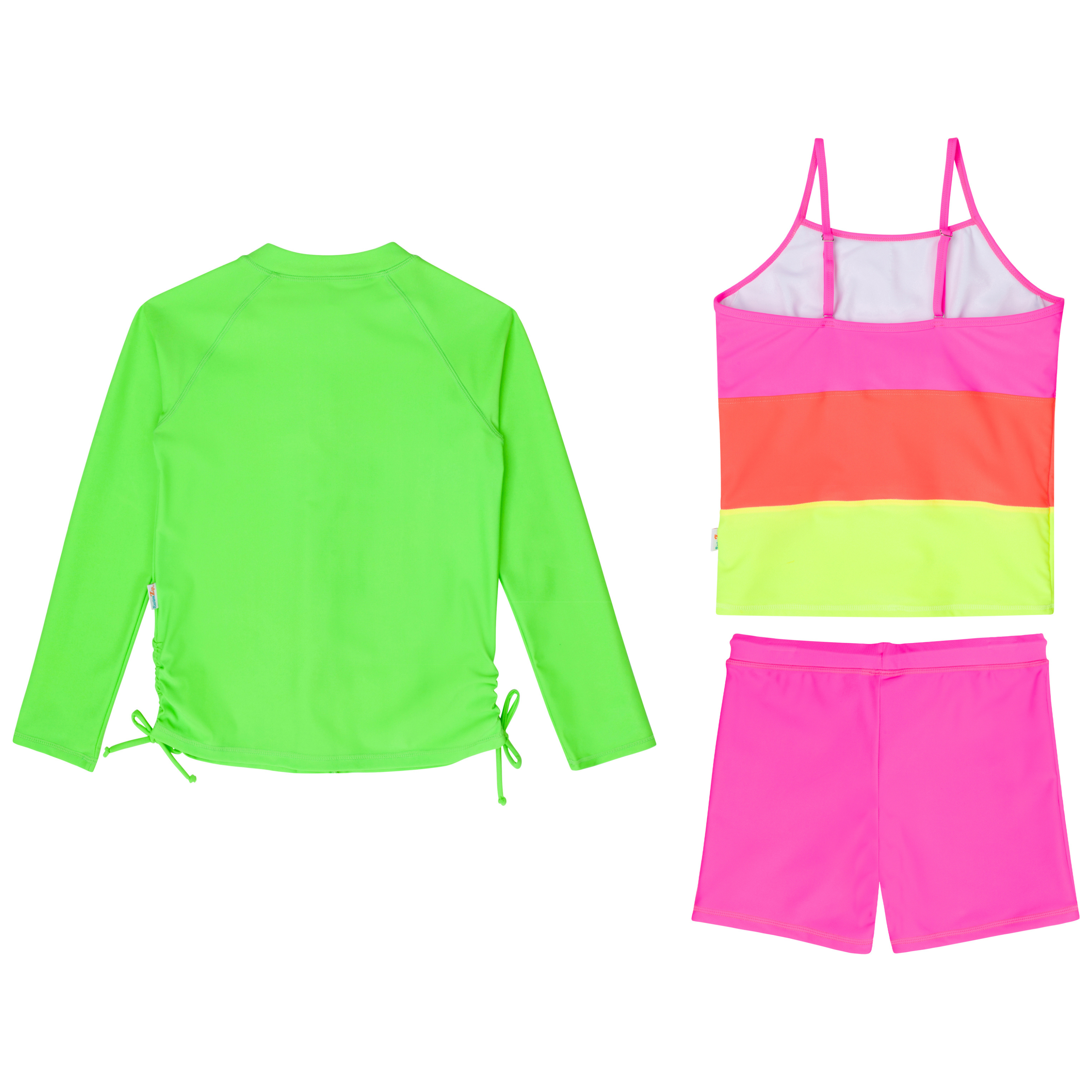 Girls Long Sleeve Rash Guard + Tankini Shorts Set (3 Piece) | "Neon Sunrise"-SwimZip UPF 50+ Sun Protective Swimwear & UV Zipper Rash Guards-pos15