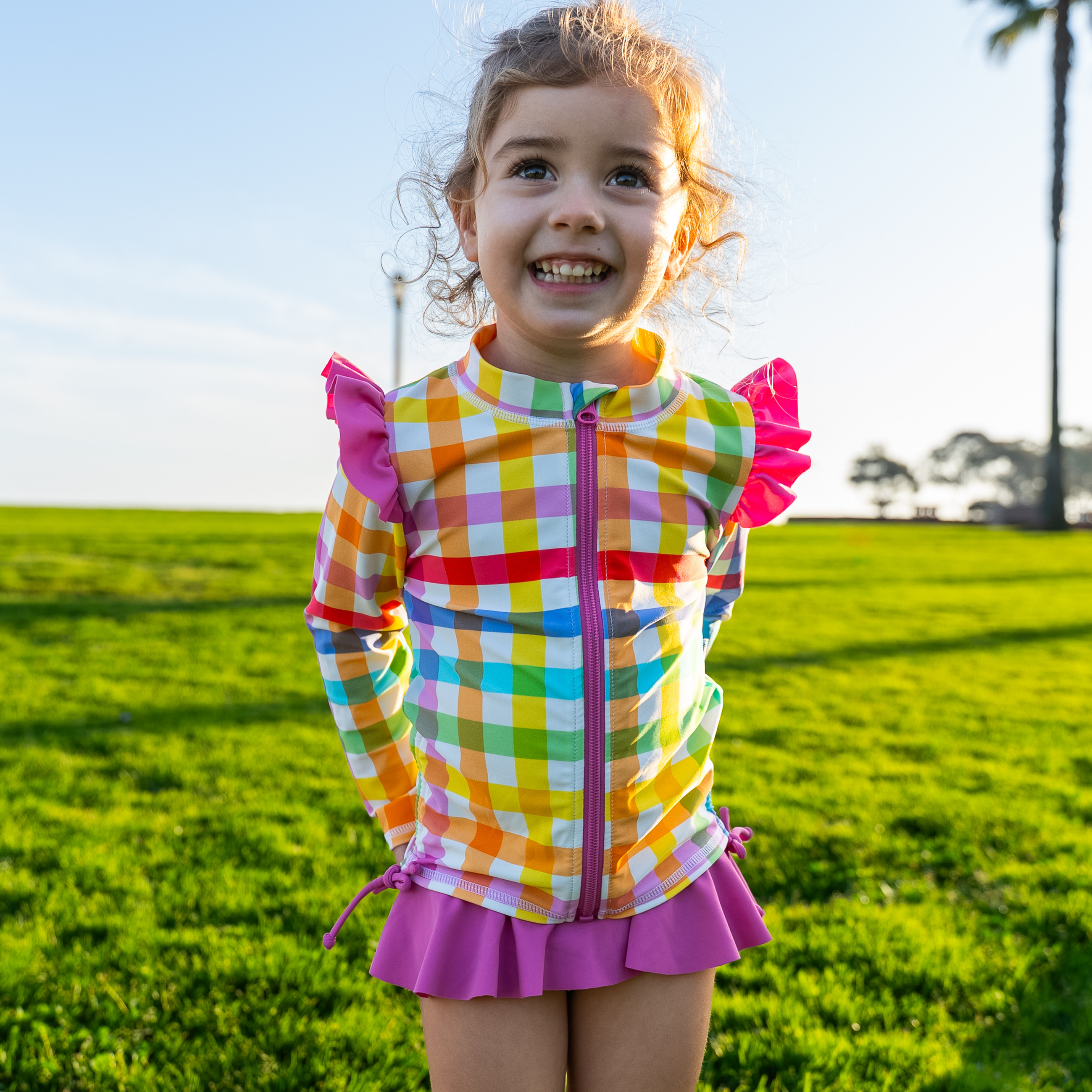 Girls Long Sleeve Rash Guard Ruffle Bottom Swimsuit Set (2 Piece) | "Picnic Party"-SwimZip UPF 50+ Sun Protective Swimwear & UV Zipper Rash Guards-pos6