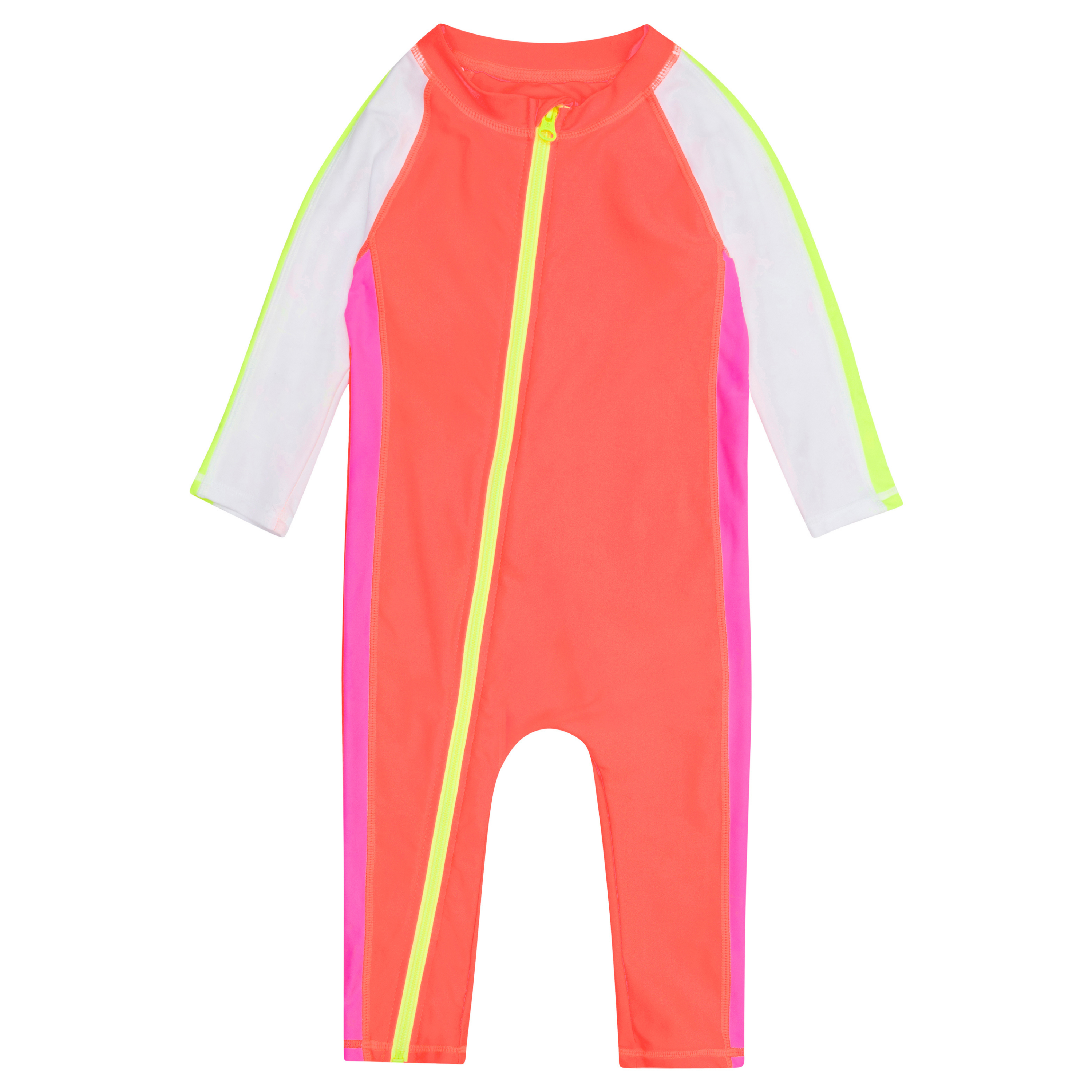 Sunsuit - Long Sleeve Romper Swimsuit | "Neon Orange/White"-0-6 Month-Neon Orange/White-SwimZip UPF 50+ Sun Protective Swimwear & UV Zipper Rash Guards-pos1