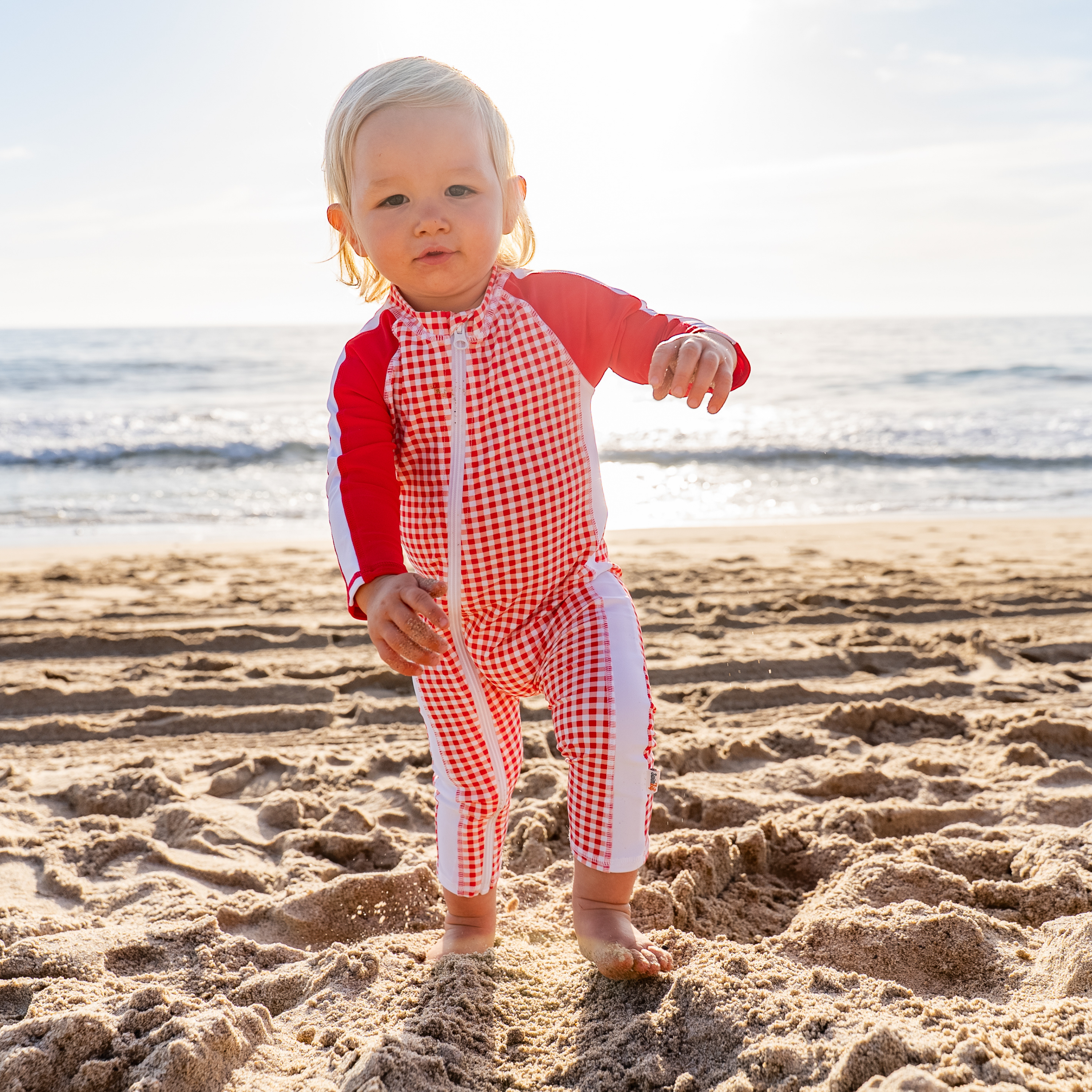 Sunsuit - Long Sleeve Romper Swimsuit | "Red Gingham"-SwimZip UPF 50+ Sun Protective Swimwear & UV Zipper Rash Guards-pos2