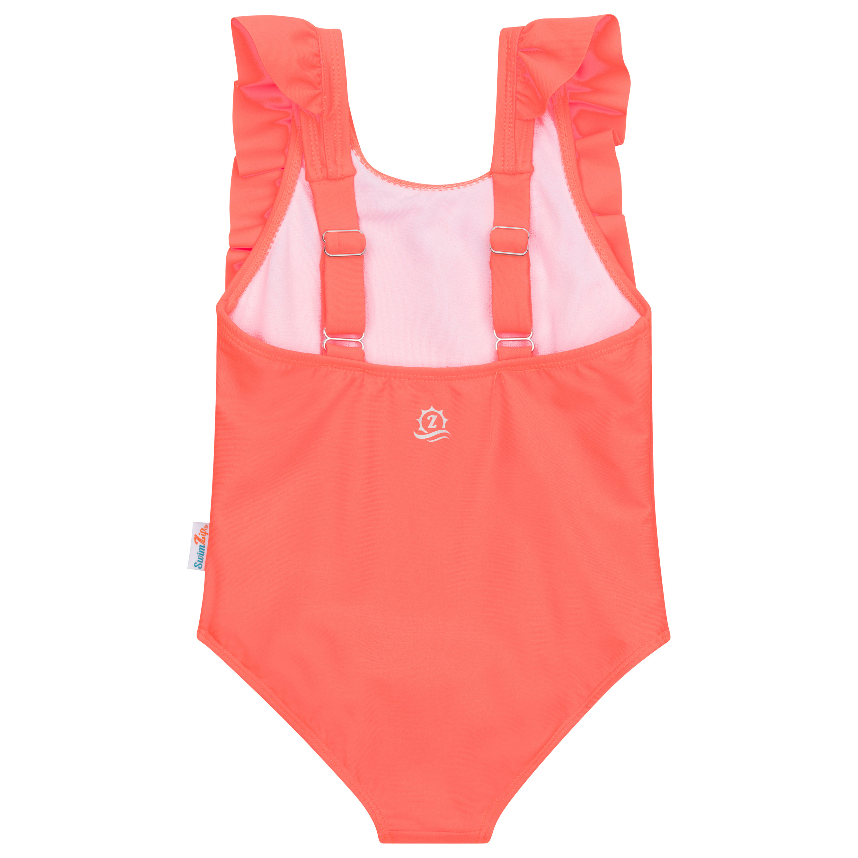 Girls Ruffle One-Piece Swimsuit | "Too Sweet" Neon Orange-SwimZip UPF 50+ Sun Protective Swimwear & UV Zipper Rash Guards-pos9