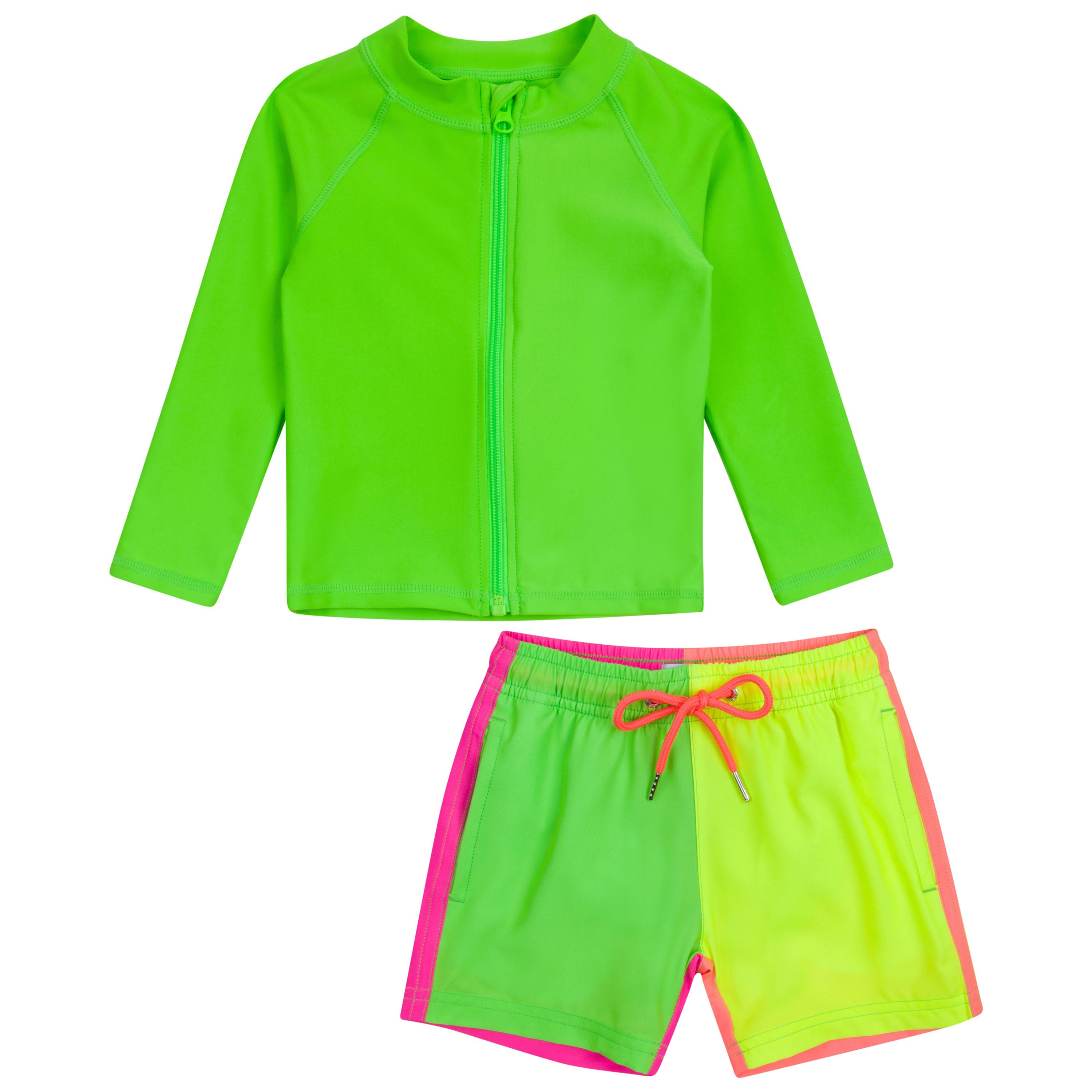 Boys Long Sleeve Zipper Rash Guard and Swim Trunk Set | "Neon Sunrise"-6-12 Month-Neon Sunrise-SwimZip UPF 50+ Sun Protective Swimwear & UV Zipper Rash Guards-pos1