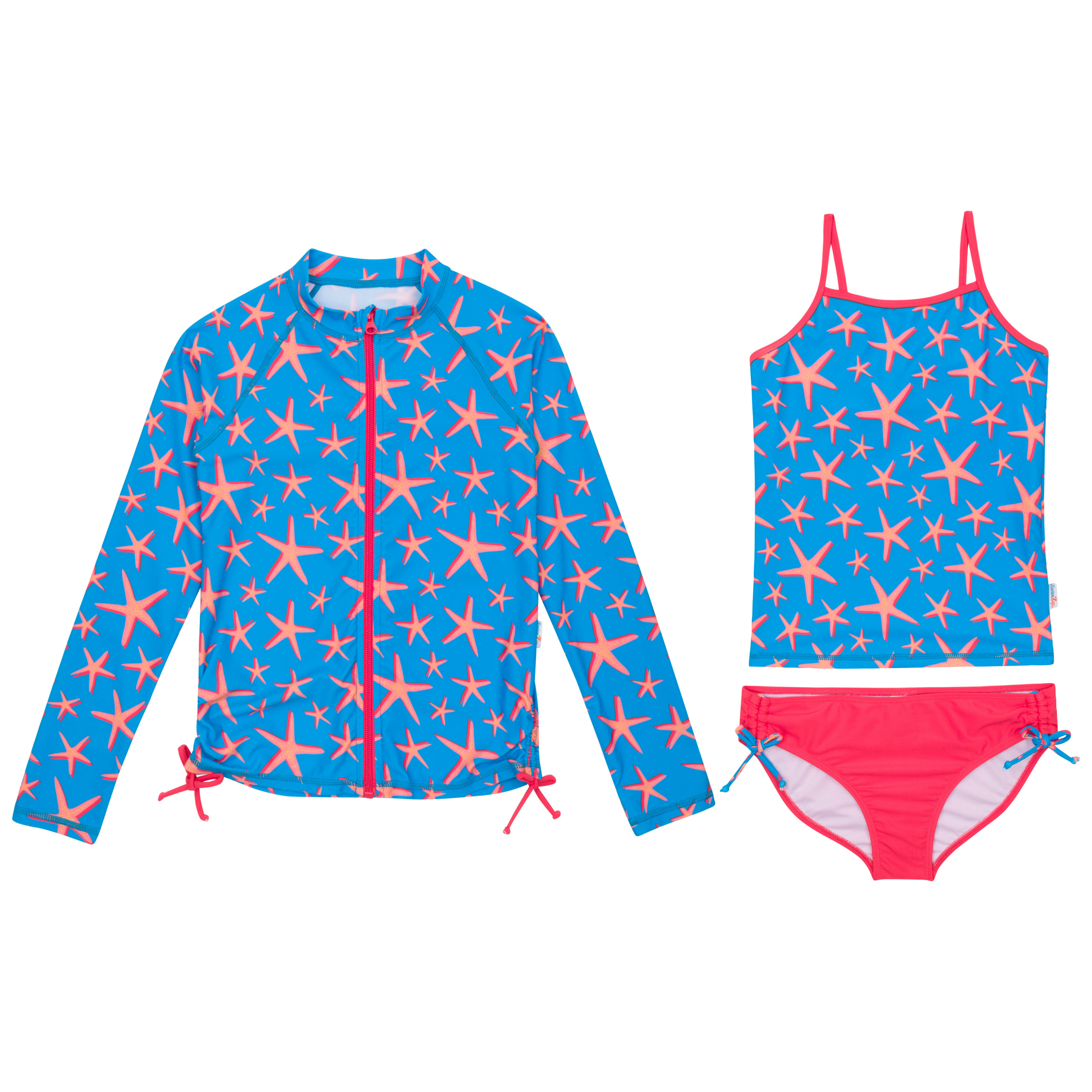 Girls Long Sleeve Rash Guard + Tankini Bikini Set (3 Piece) | "Starfish"-6-8-Starfish-SwimZip UPF 50+ Sun Protective Swimwear & UV Zipper Rash Guards-pos1