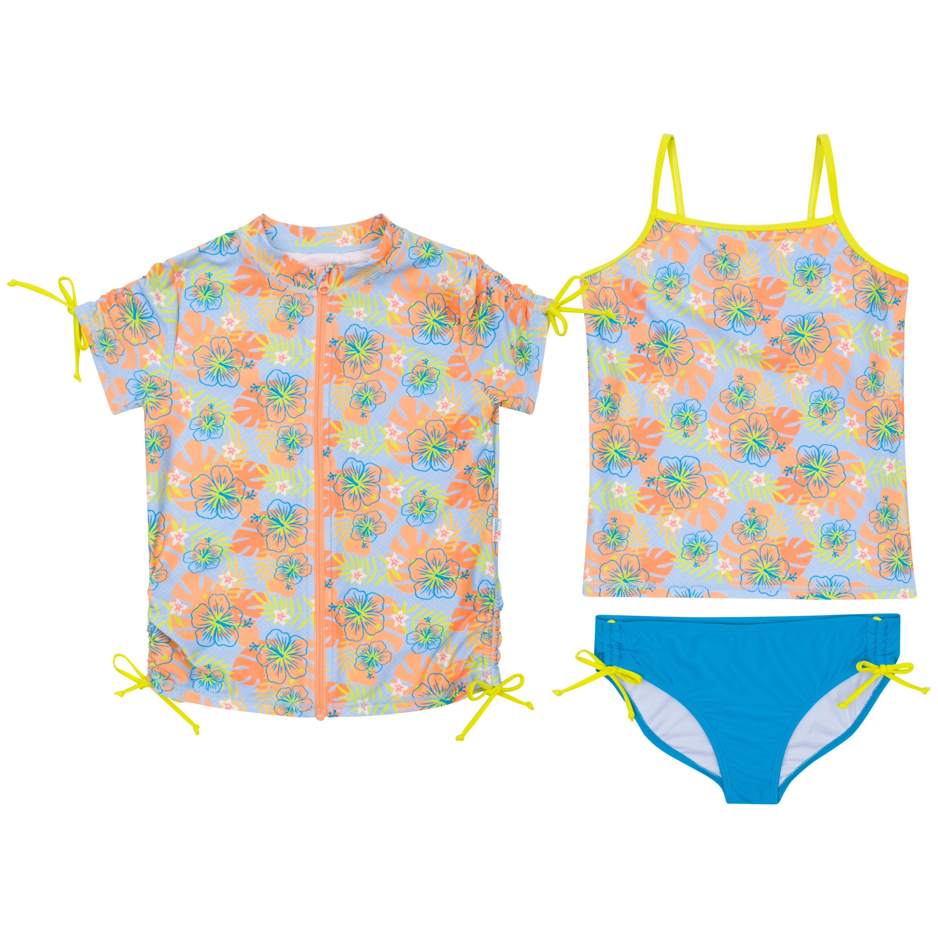 Girls Short Sleeve Rash Guard + Tankini Bikini Set (3 Piece) | "Groovy”-6-8-Groovy-SwimZip UPF 50+ Sun Protective Swimwear & UV Zipper Rash Guards-pos1