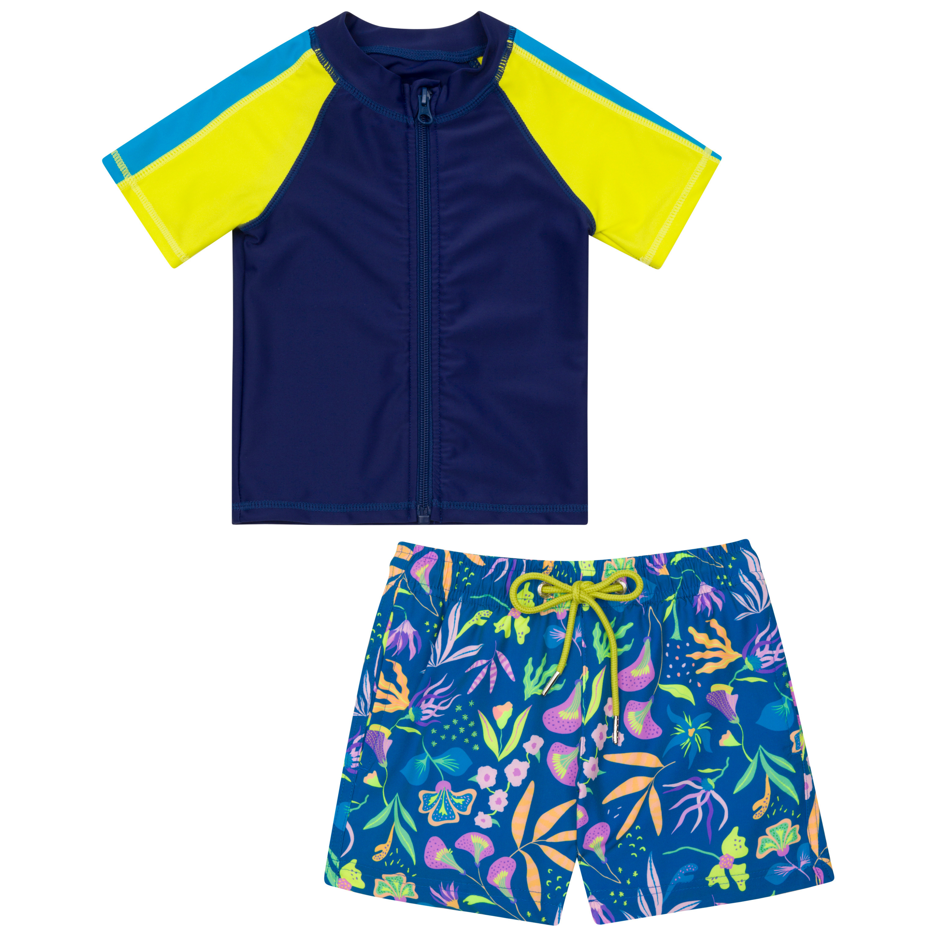 Boys Short Sleeve Zipper Rash Guard and Swim Trunk Set | "Tropadelic"-6-12 Month-Tropadelic-SwimZip UPF 50+ Sun Protective Swimwear & UV Zipper Rash Guards-pos1