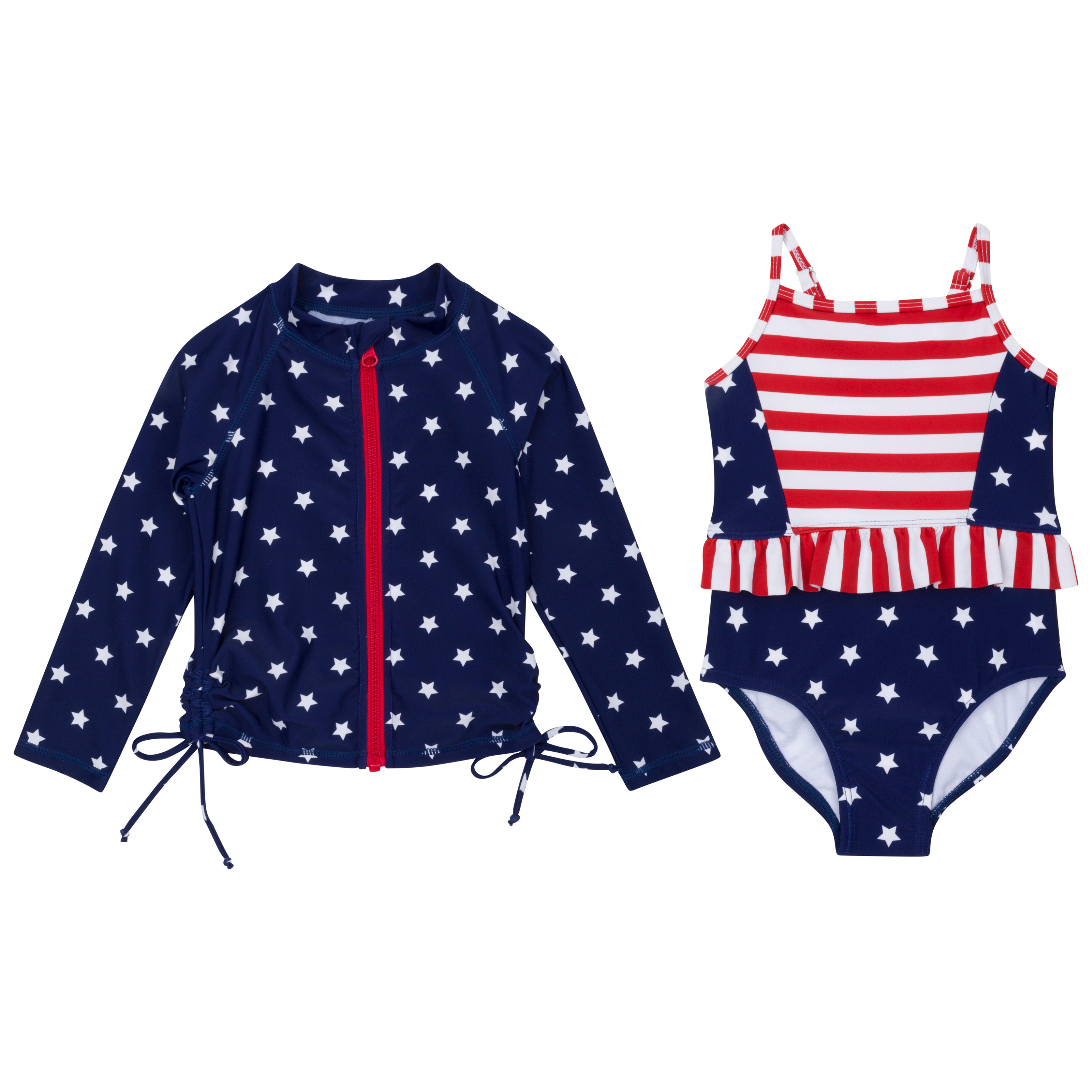 Girls One-Piece Swimsuit + Long Sleeve Rash Guard Set (2 Piece) | "Americana"-6-12 Month-Americana-SwimZip UPF 50+ Sun Protective Swimwear & UV Zipper Rash Guards-pos1
