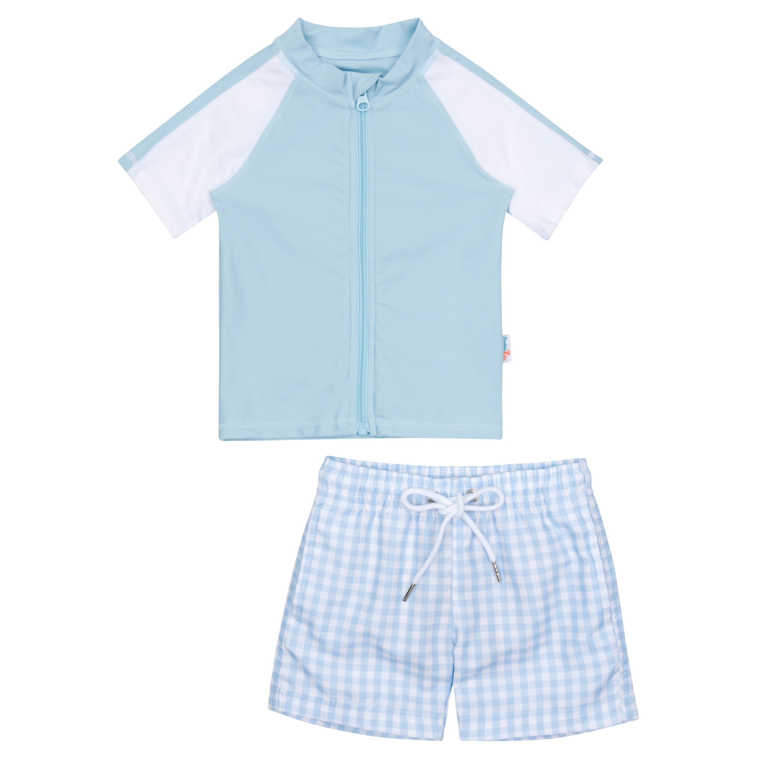 Boys Short Sleeve Zipper Rash Guard and Swim Trunk Set | "Blue Gingham"-0-3 Month-Blue Gingham-SwimZip UPF 50+ Sun Protective Swimwear & UV Zipper Rash Guards-pos1