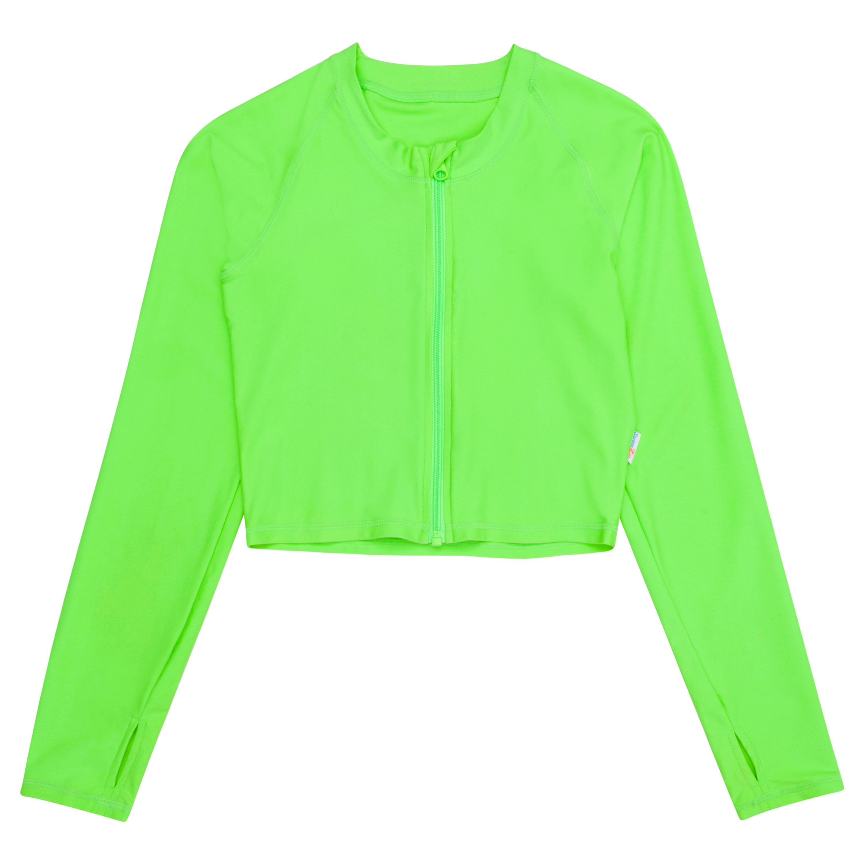 Women's Long Sleeve Crop Rash Guard | “Neon Green”-XS-Neon Green-SwimZip UPF 50+ Sun Protective Swimwear & UV Zipper Rash Guards-pos1