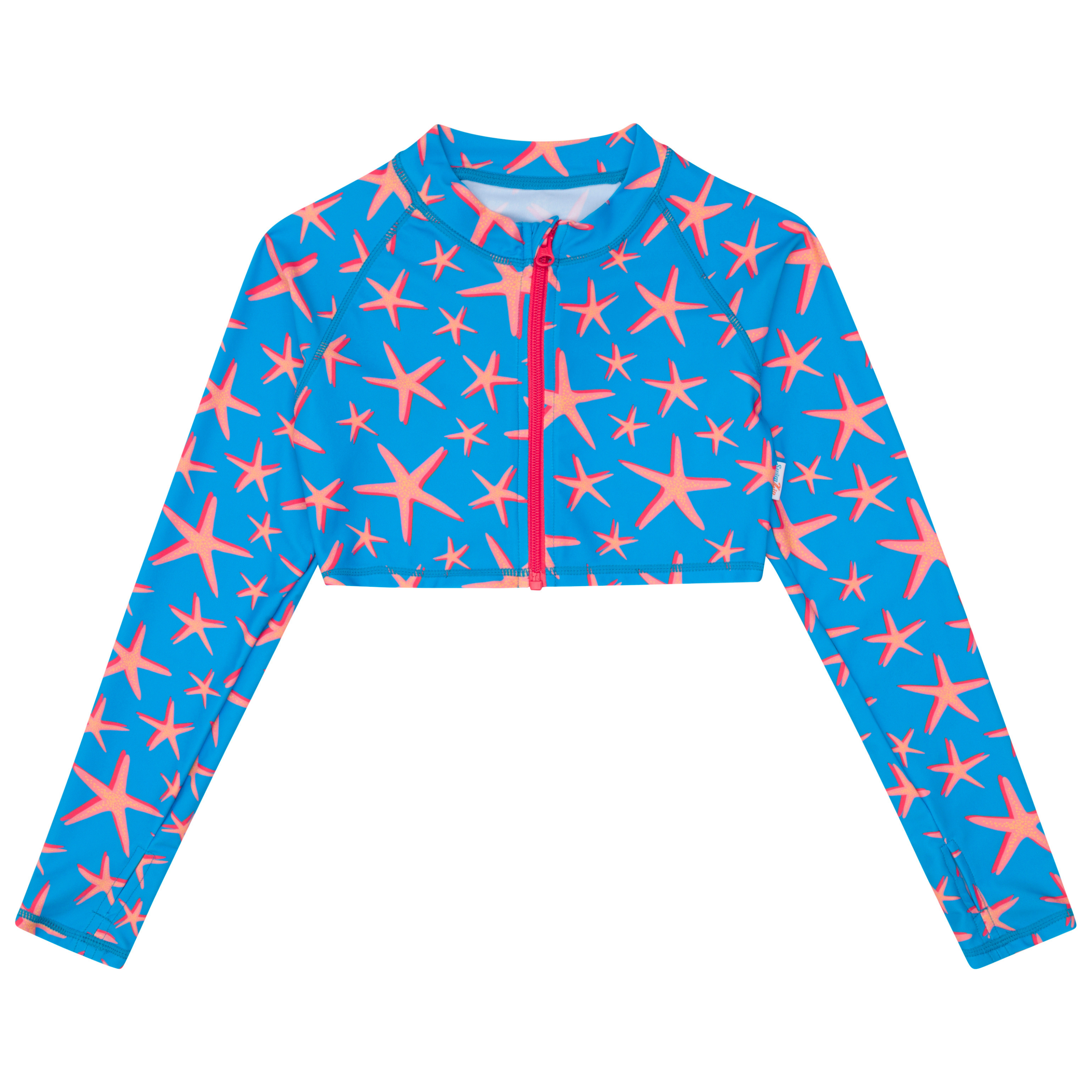 Girls Long Sleeve Crop Rash Guard | "Starfish"-6-8-Starfish-SwimZip UPF 50+ Sun Protective Swimwear & UV Zipper Rash Guards-pos1