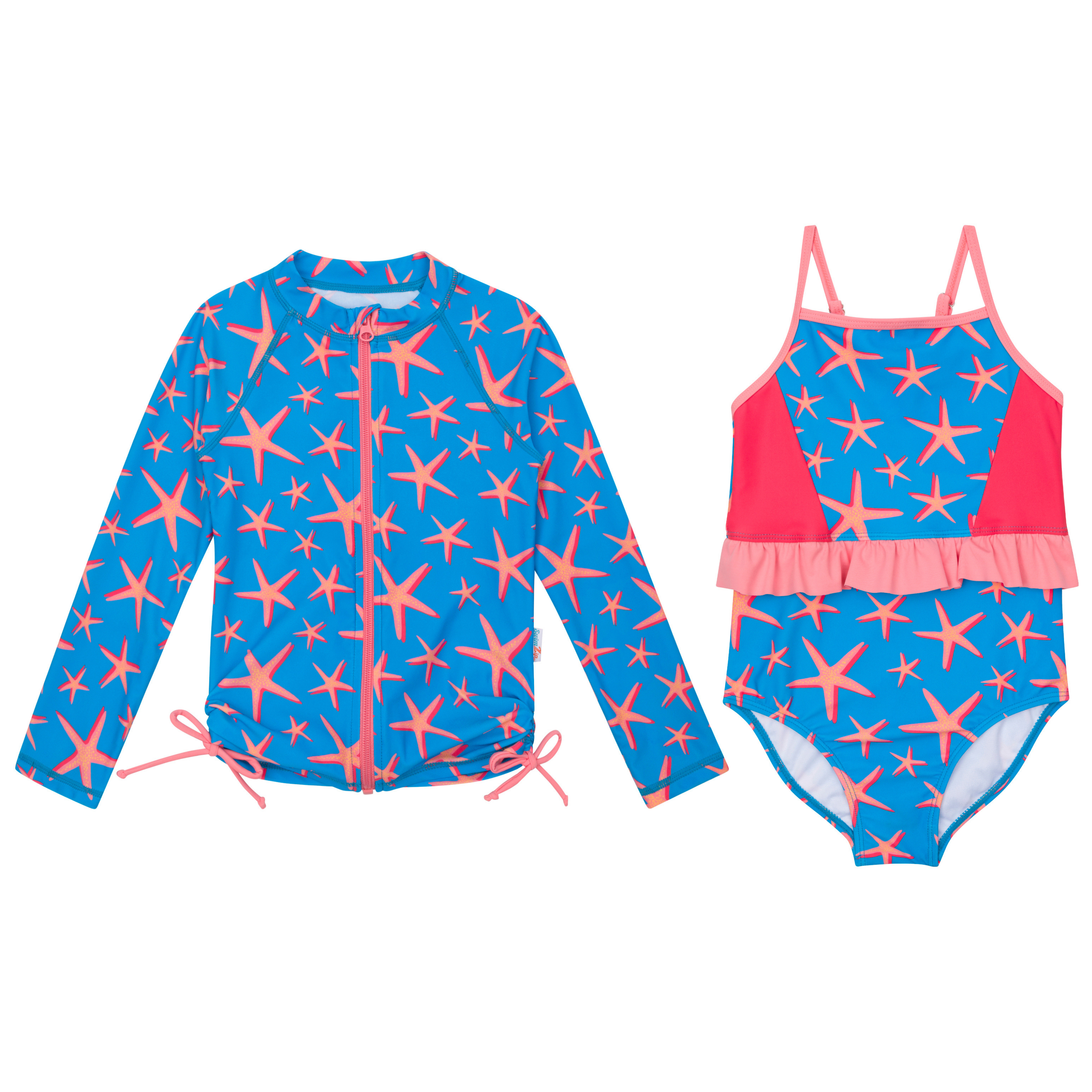 Girls One-Piece Swimsuit + Long Sleeve Rash Guard Set (2 Piece) | "Starfish"-6-12 Month-Starfish-SwimZip UPF 50+ Sun Protective Swimwear & UV Zipper Rash Guards-pos1