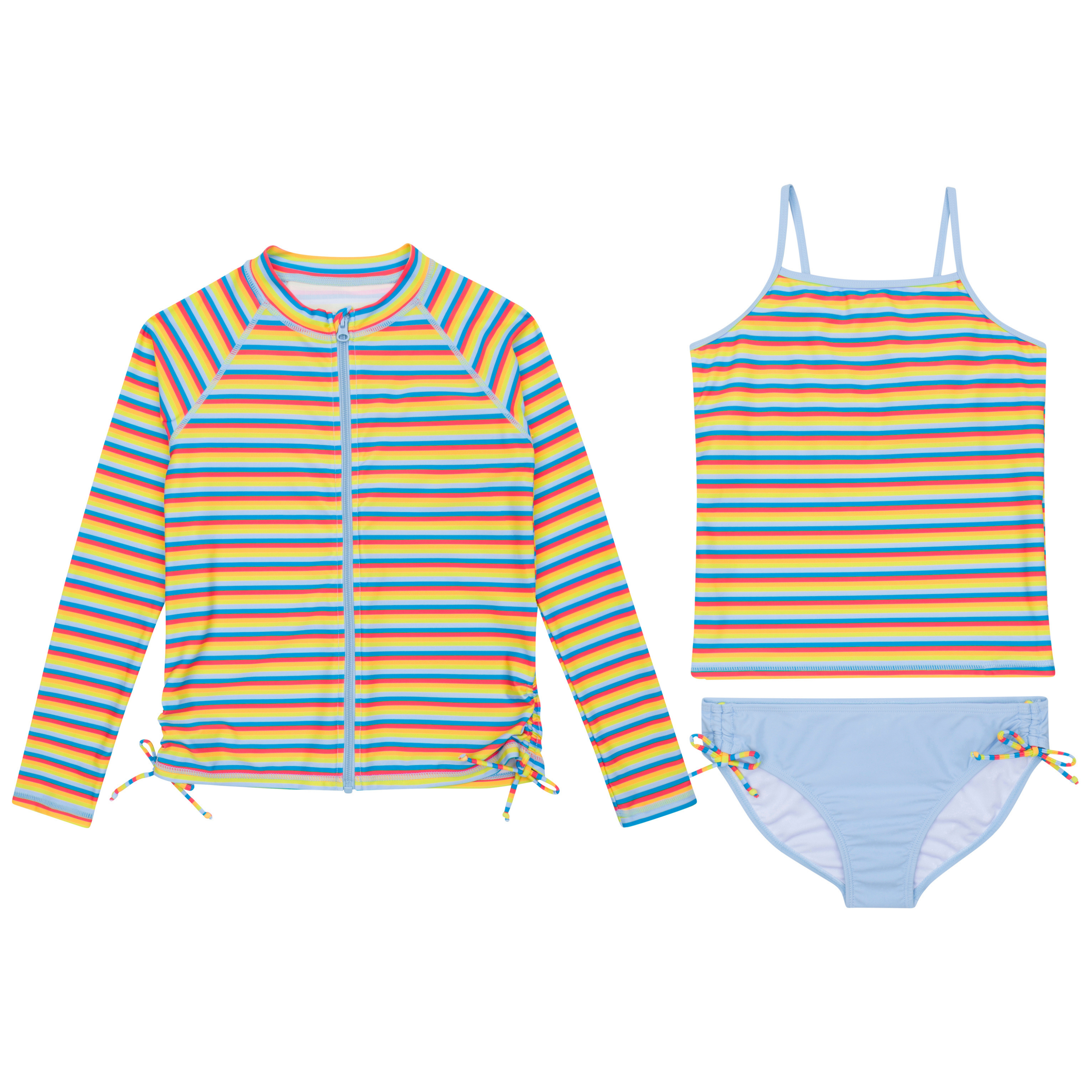 Girls Long Sleeve Rash Guard + Tankini Bikini Set (3 Piece) | "Sunny Stripe"-6-8-Sunny Stripe-SwimZip UPF 50+ Sun Protective Swimwear & UV Zipper Rash Guards-pos1