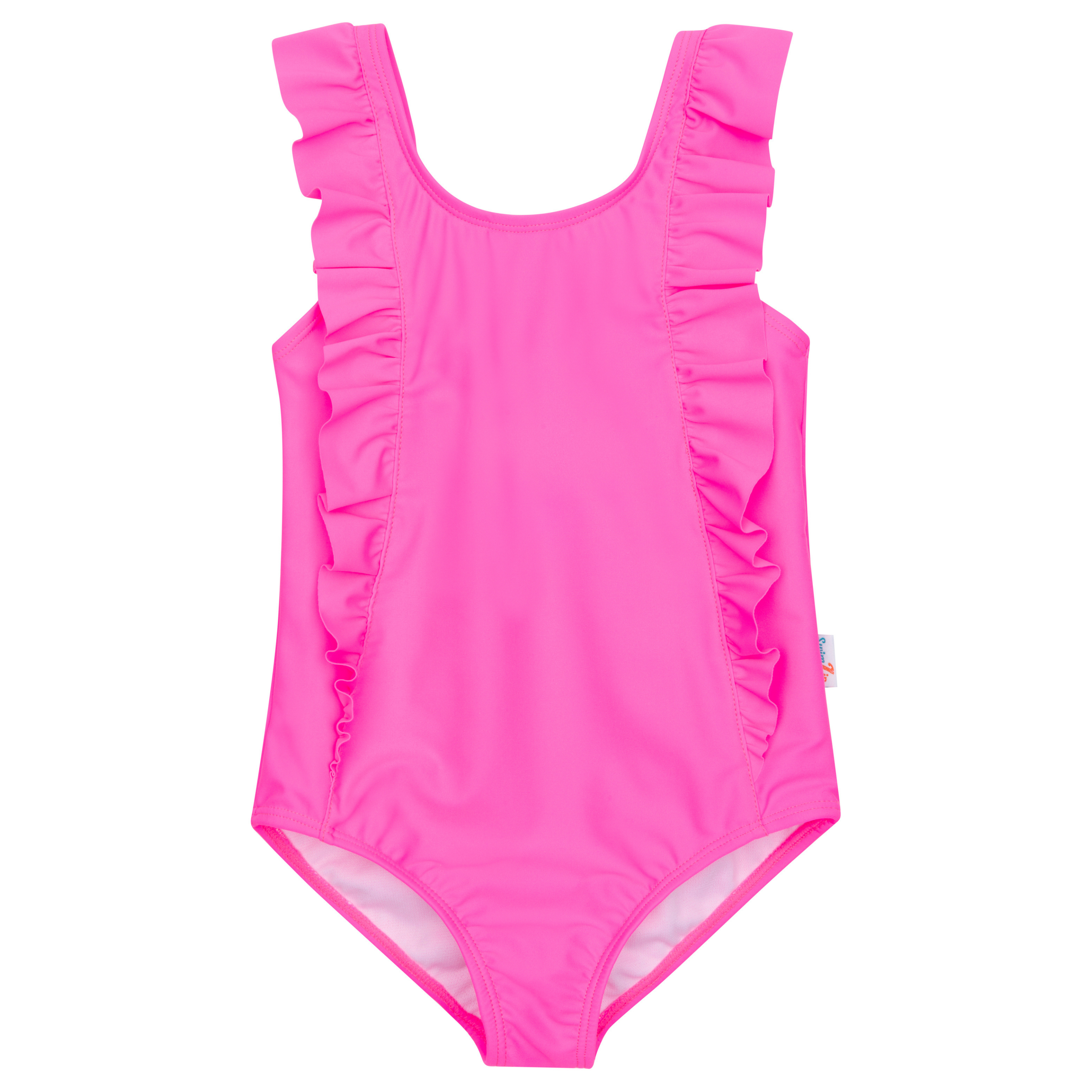 Girls Ruffle One-Piece Swimsuit | "Too Sweet" Neon Pink-SwimZip UPF 50+ Sun Protective Swimwear & UV Zipper Rash Guards-pos1