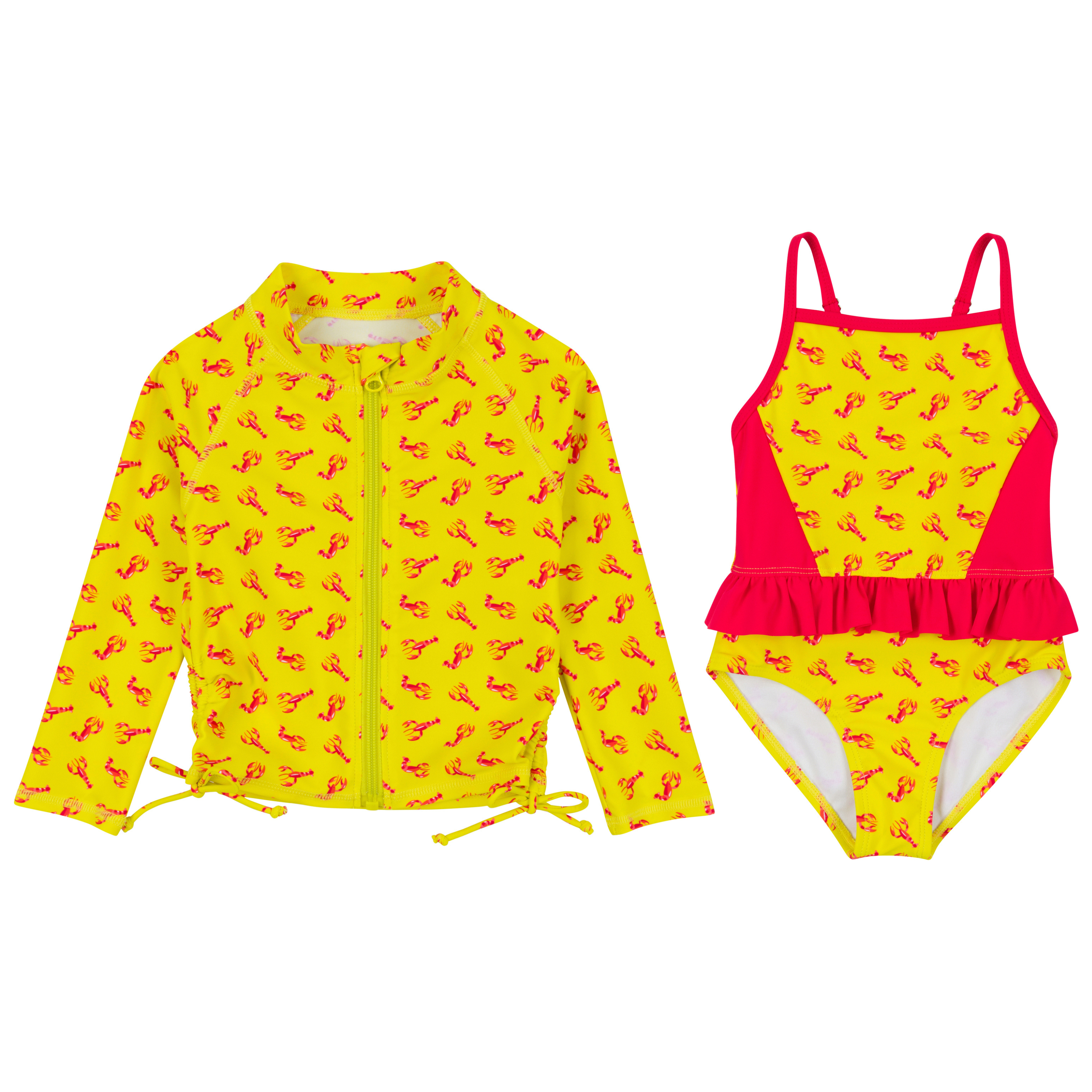 Girls One-Piece Swimsuit + Long Sleeve Rash Guard Set (2 Piece) | "Lobster"-6-12 Month-Lobster-SwimZip UPF 50+ Sun Protective Swimwear & UV Zipper Rash Guards-pos1