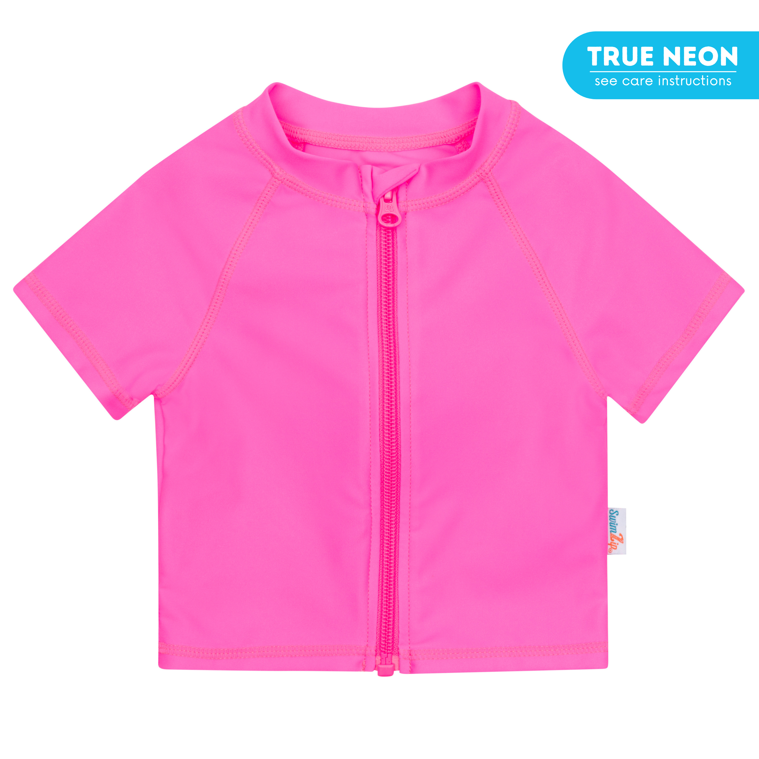 Kids Short Sleeve Zipper Rash Guard Swim Shirt | “Neon Pink”-6-12 Month-Neon Pink-SwimZip UPF 50+ Sun Protective Swimwear & UV Zipper Rash Guards-pos1