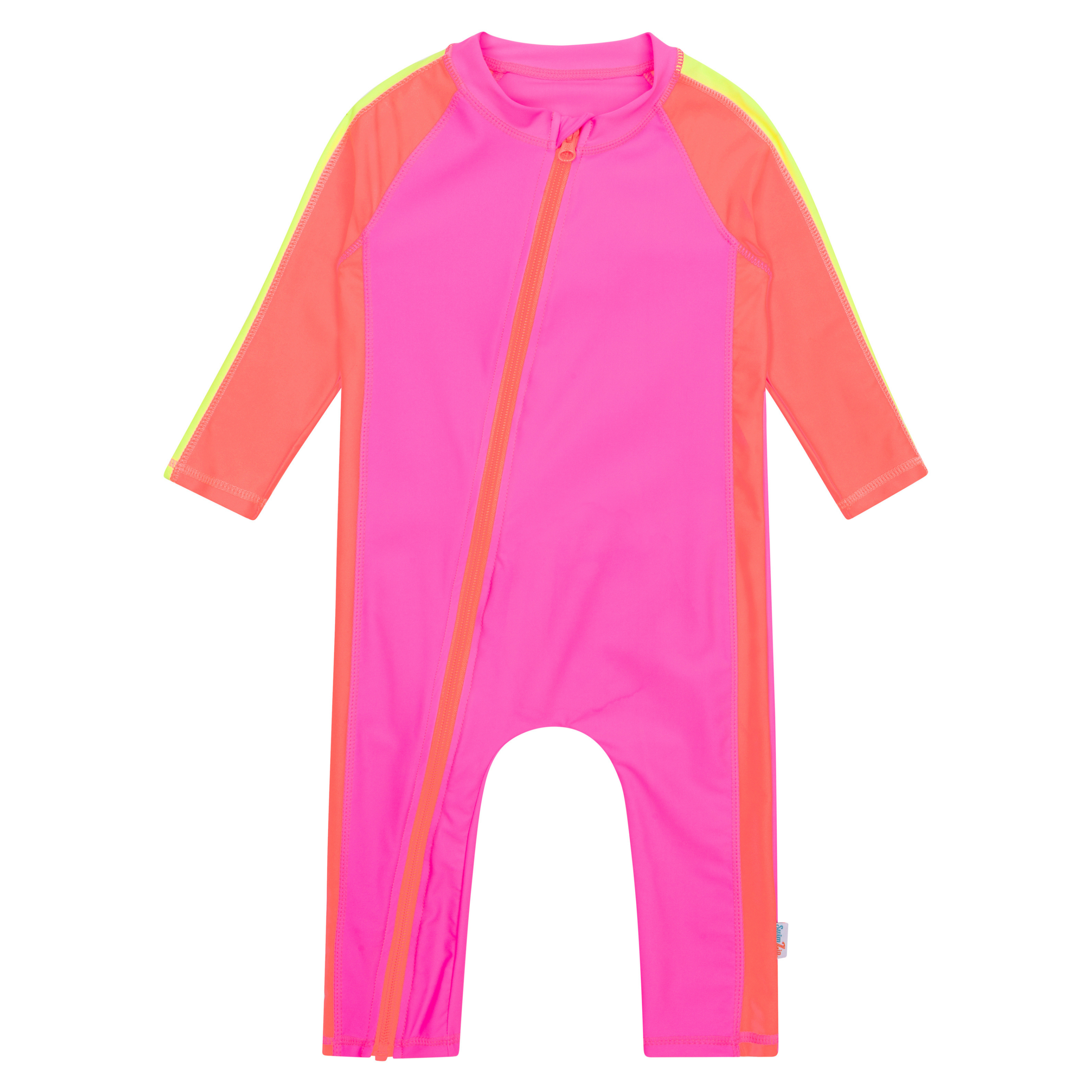Sunsuit - Long Sleeve Romper Swimsuit | "Neon Pink/Orange"-0-6 Month-Neon Pink/Orange-SwimZip UPF 50+ Sun Protective Swimwear & UV Zipper Rash Guards-pos1