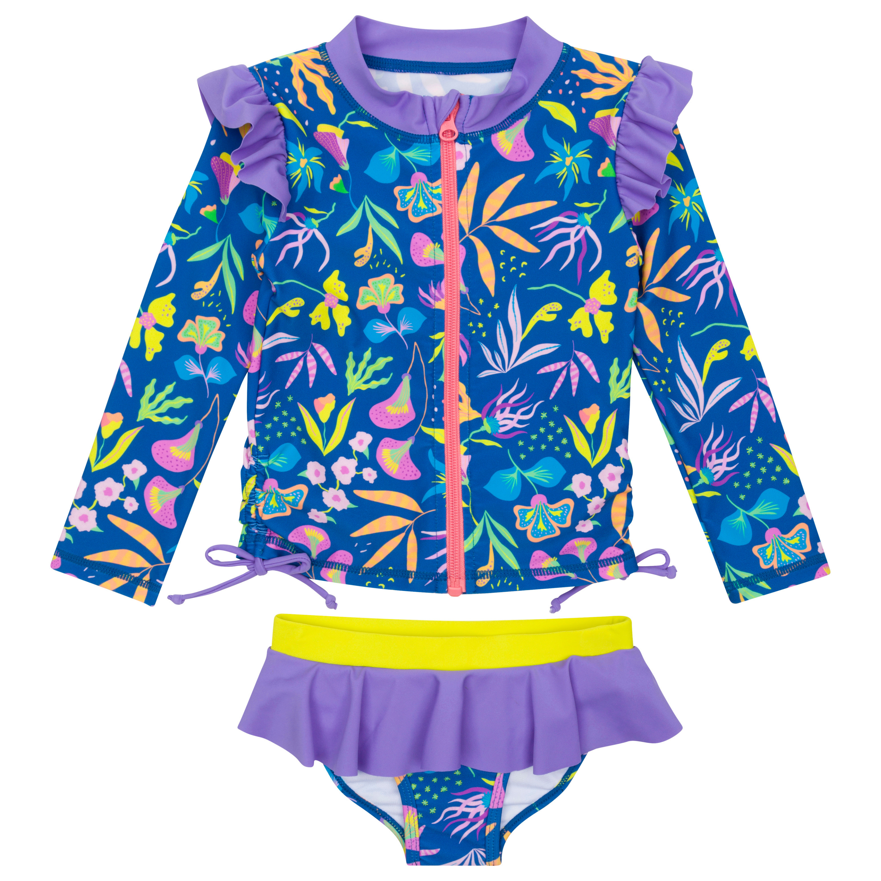 Girls Long Sleeve Rash Guard Ruffle Bottom Swimsuit Set (2 Piece) | "Tropadelic"-6-12 Month-Tropadelic-SwimZip UPF 50+ Sun Protective Swimwear & UV Zipper Rash Guards-pos1