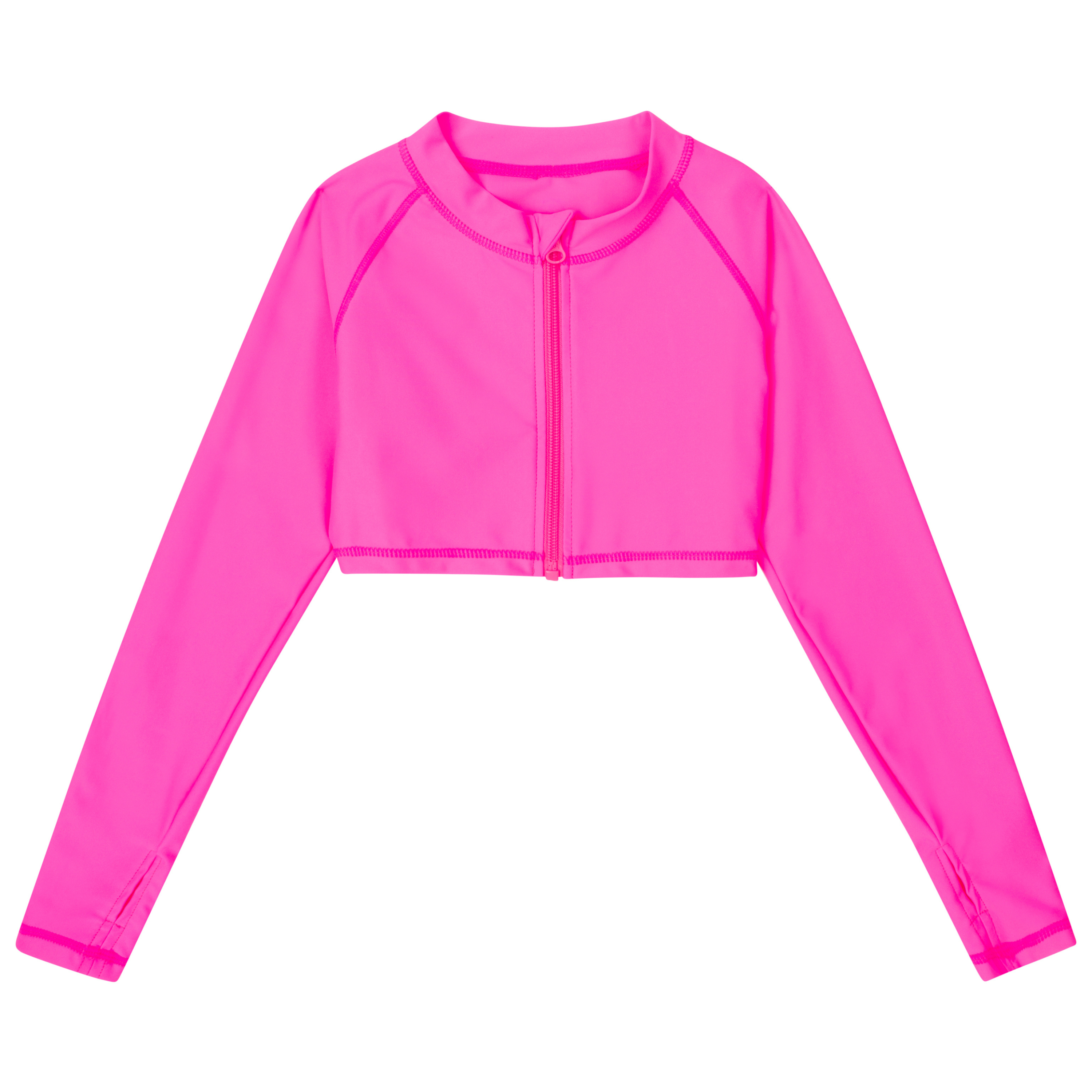 Girls Long Sleeve Crop Rash Guard | "Neon Pink"-6-8-Neon Pink-SwimZip UPF 50+ Sun Protective Swimwear & UV Zipper Rash Guards-pos1