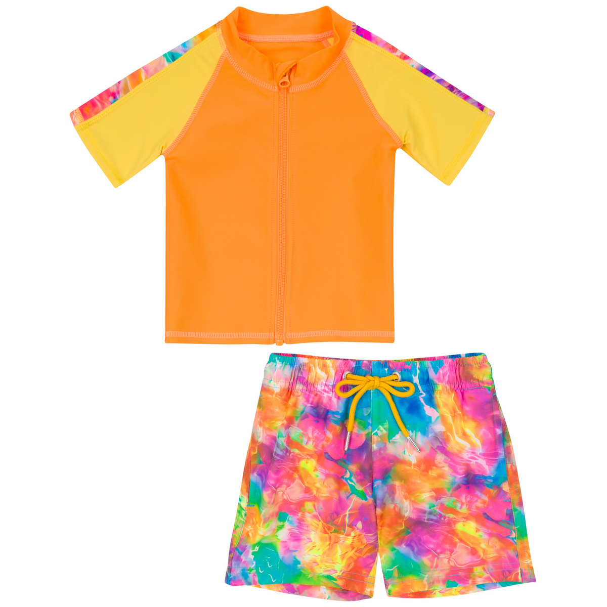 Boys Short Sleeve Zipper Rash Guard and Swim Trunk Set