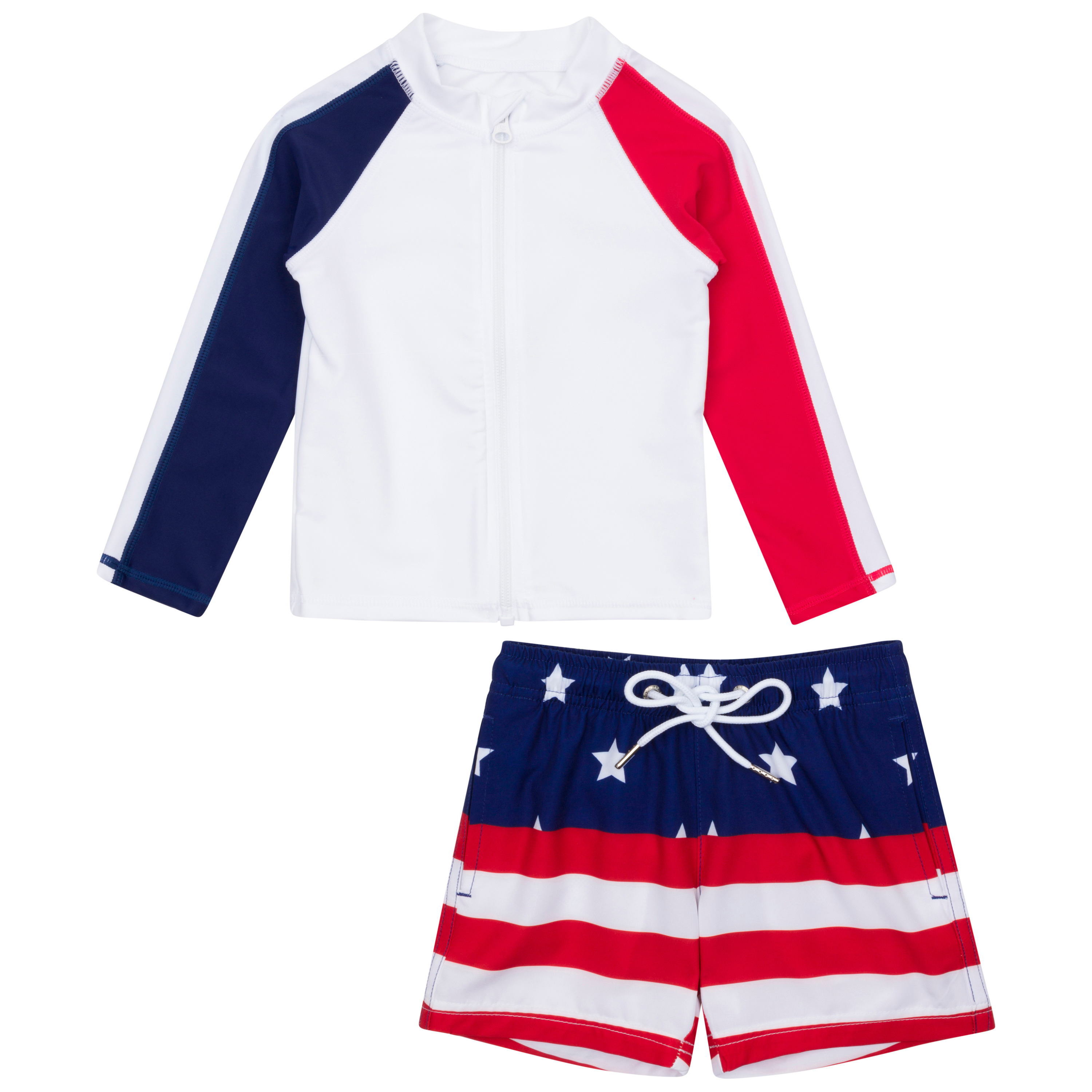 Boys Long Sleeve Zipper Rash Guard and Swim Trunk Set | "Americana"-6-12 Month-Americana-SwimZip UPF 50+ Sun Protective Swimwear & UV Zipper Rash Guards-pos1