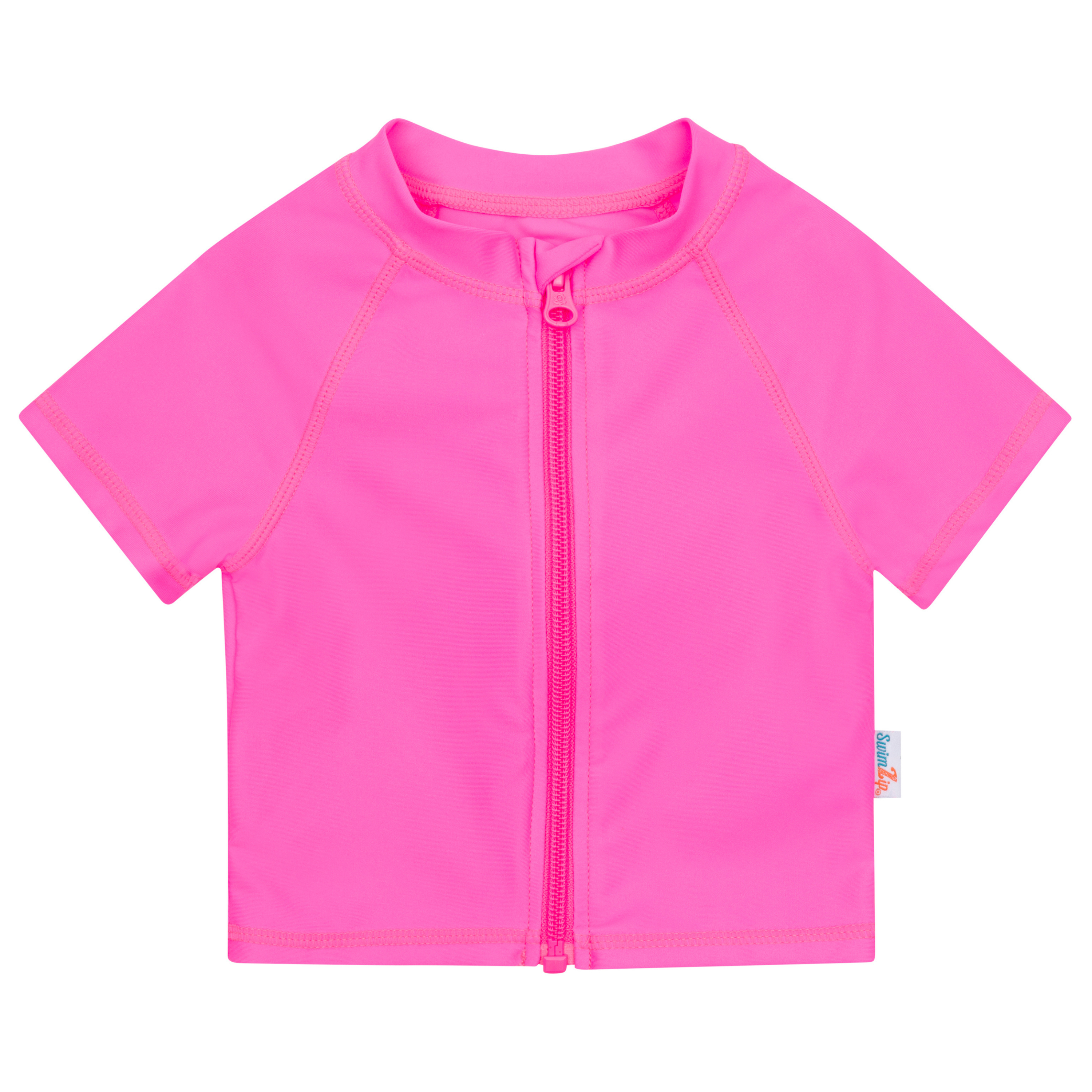 Kids Short Sleeve Zipper Rash Guard Swim Shirt | “Neon Pink”-6-12 Month-Neon Pink-SwimZip UPF 50+ Sun Protective Swimwear & UV Zipper Rash Guards-pos1