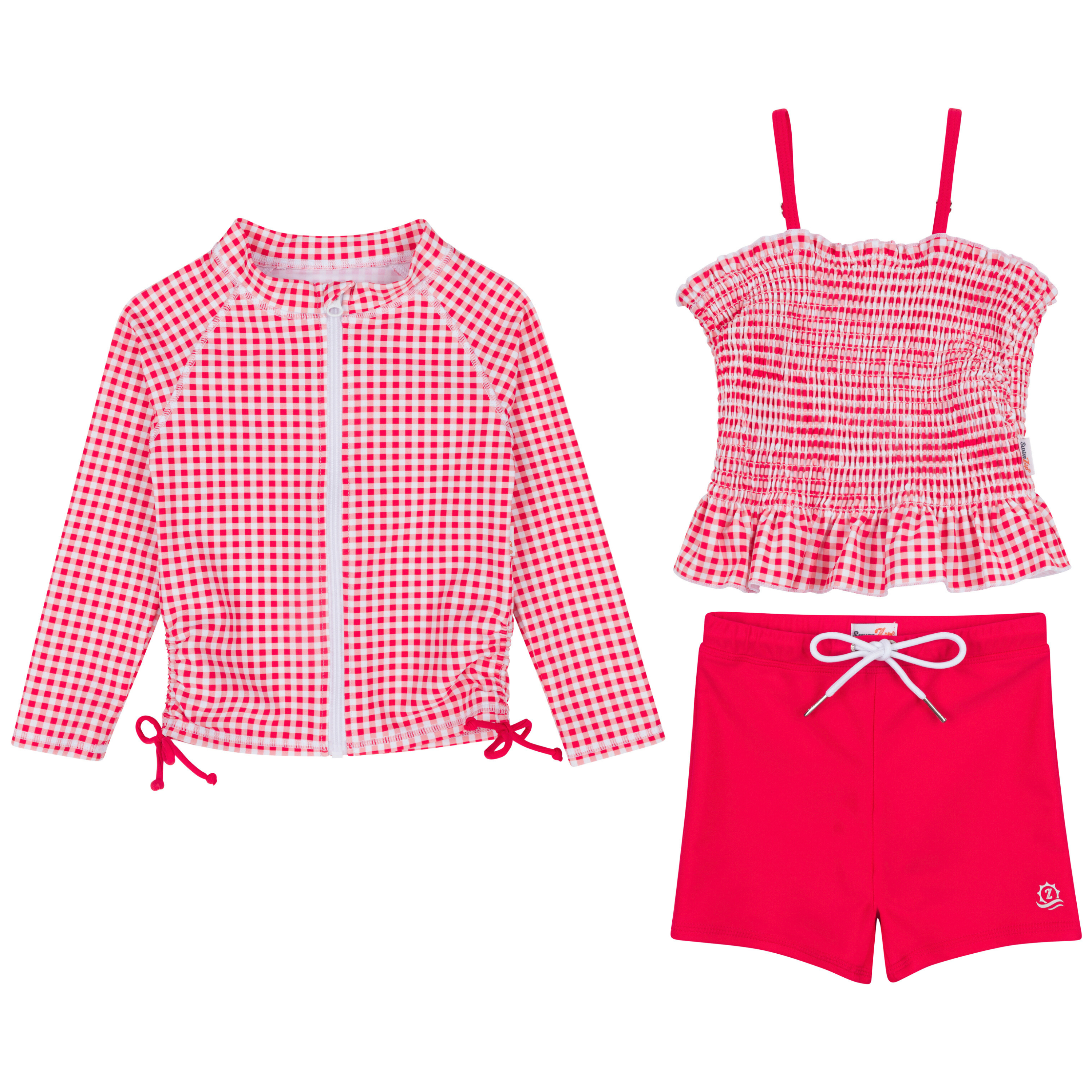 Girls Long Sleeve Rash Guard + Smocked Tankini Shorts Set (3 Piece) | "Red Gingham"-2T-Red Gingham-SwimZip UPF 50+ Sun Protective Swimwear & UV Zipper Rash Guards-pos1