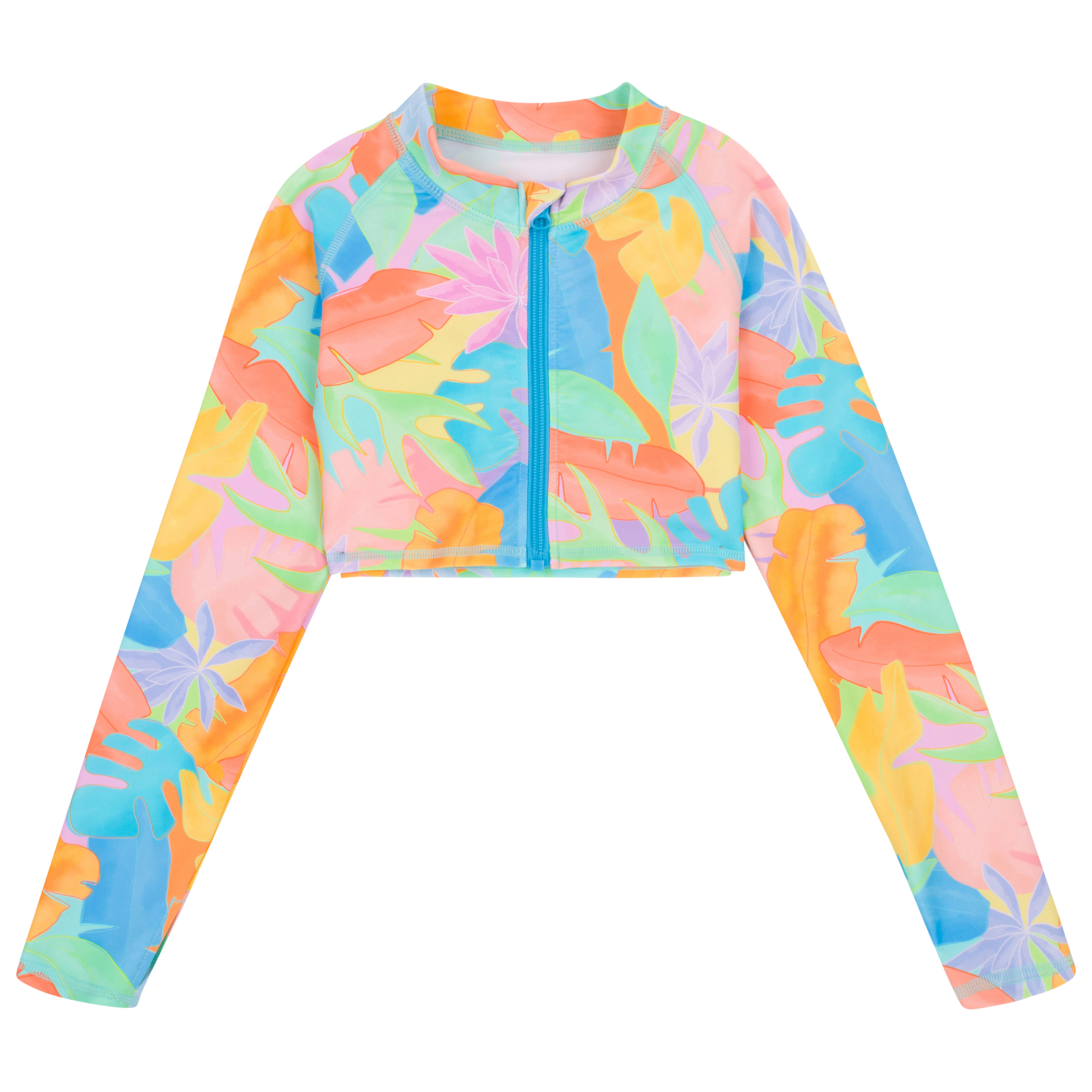 Girls Long Sleeve Crop Rash Guard | "Vibrant Vacay"-6-8-Vibrant Vacay-SwimZip UPF 50+ Sun Protective Swimwear & UV Zipper Rash Guards-pos1