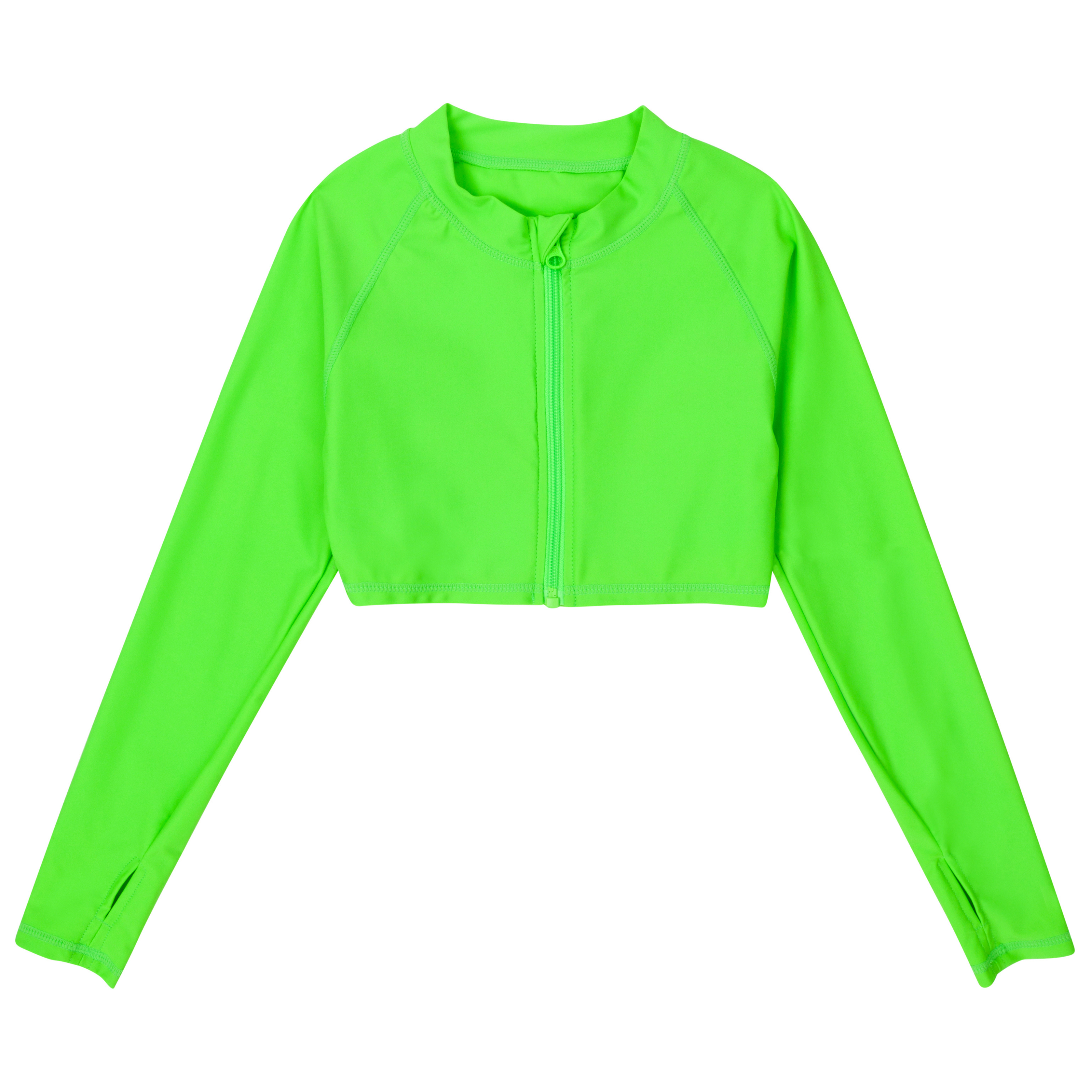 Girls Long Sleeve Crop Rash Guard | "Neon Green"-6-8-Neon Green-SwimZip UPF 50+ Sun Protective Swimwear & UV Zipper Rash Guards-pos1