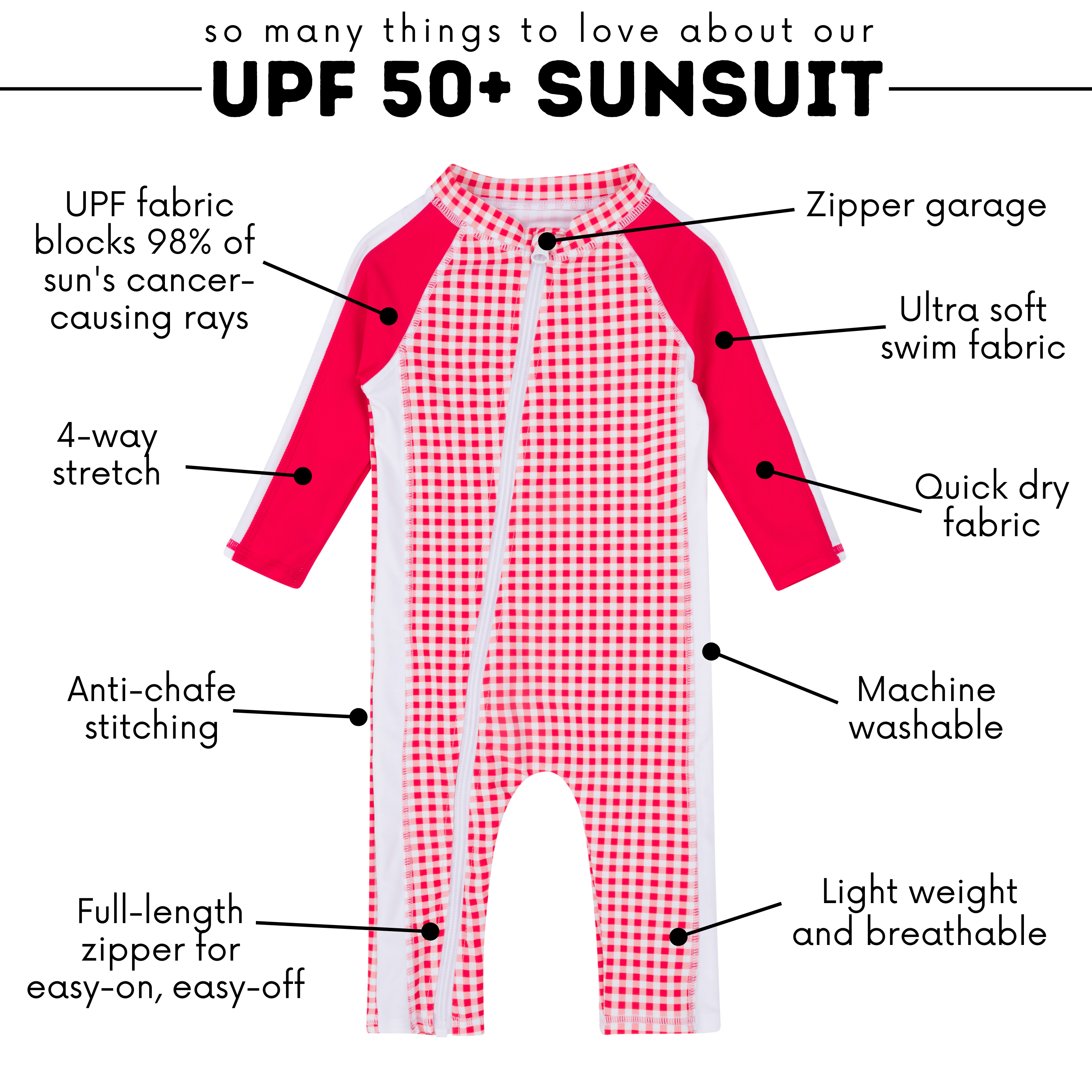 Sunsuit - Long Sleeve Romper Swimsuit | "Red Gingham"-SwimZip UPF 50+ Sun Protective Swimwear & UV Zipper Rash Guards-pos4