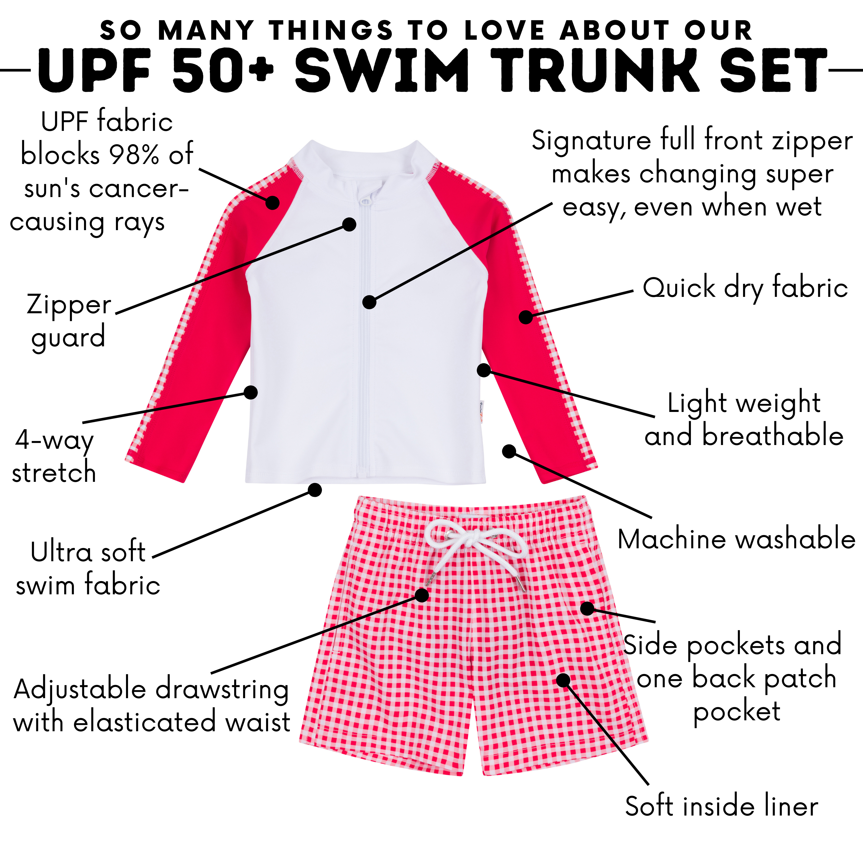 Boys Long Sleeve Zipper Rash Guard and Swim Trunk Set | "Red Gingham"-SwimZip UPF 50+ Sun Protective Swimwear & UV Zipper Rash Guards-pos4