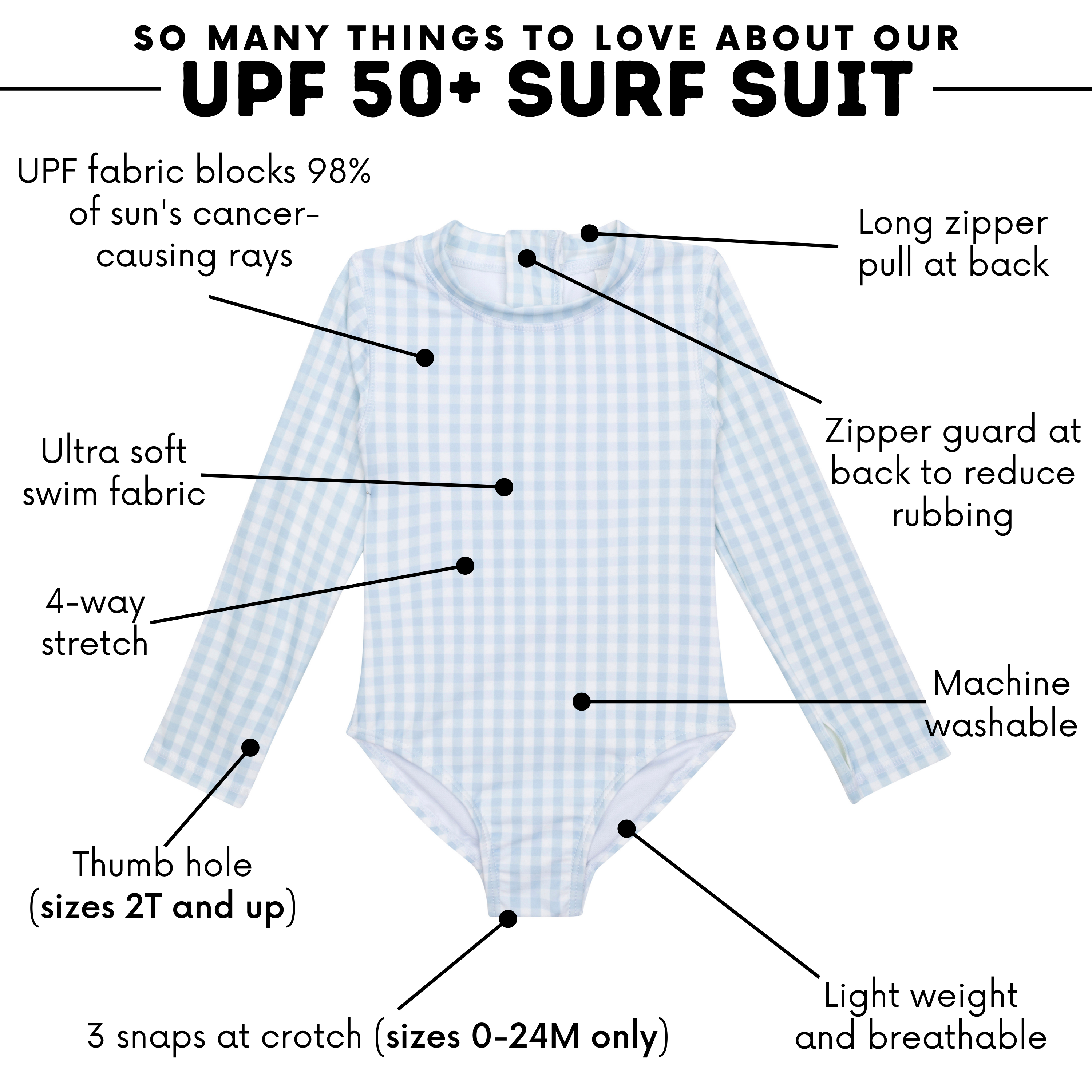 Girls Long Sleeve Surf Suit (One Piece Bodysuit) | "Blue Gingham"-SwimZip UPF 50+ Sun Protective Swimwear & UV Zipper Rash Guards-pos3