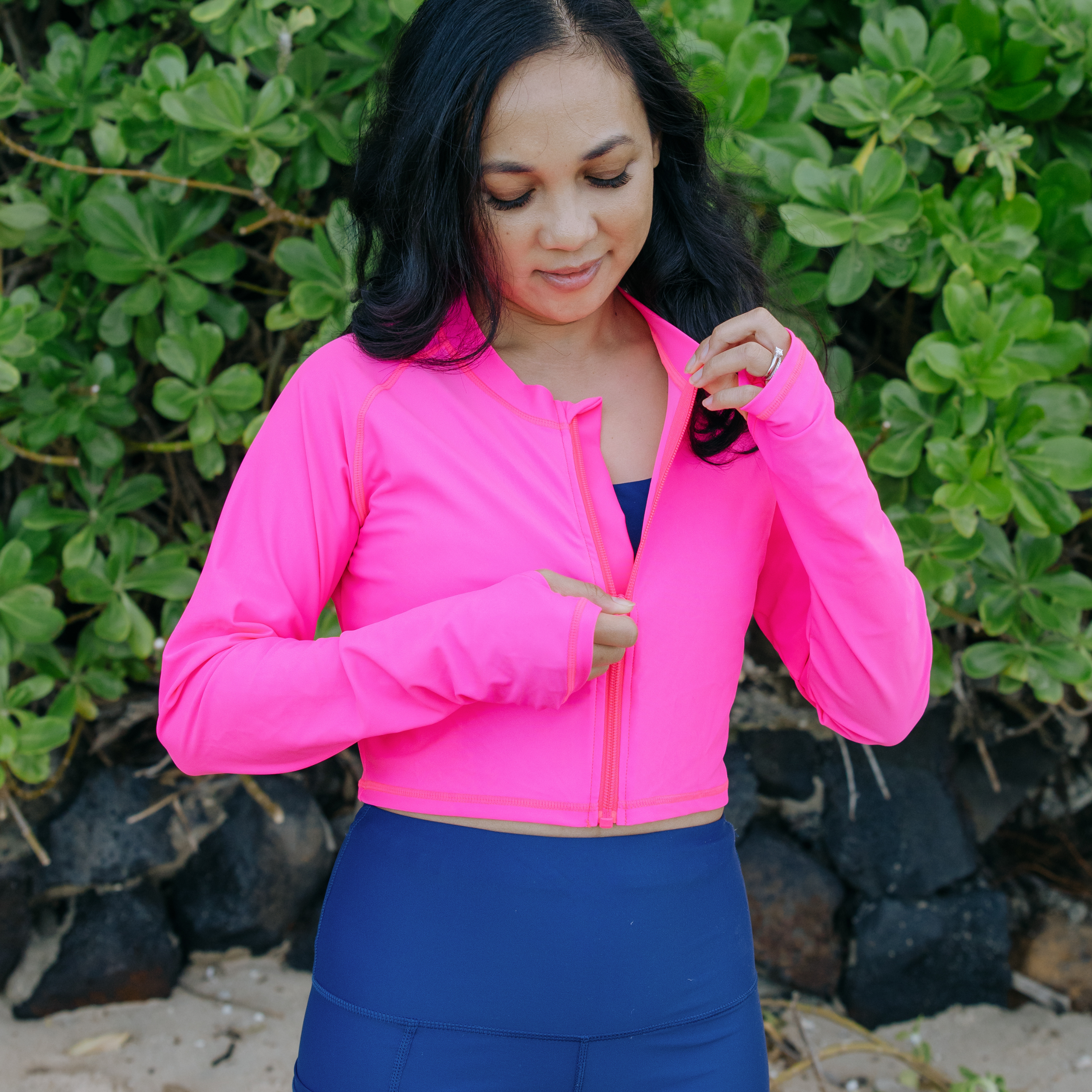 Women's Long Sleeve Crop Rash Guard | “Neon Pink”-SwimZip UPF 50+ Sun Protective Swimwear & UV Zipper Rash Guards-pos5