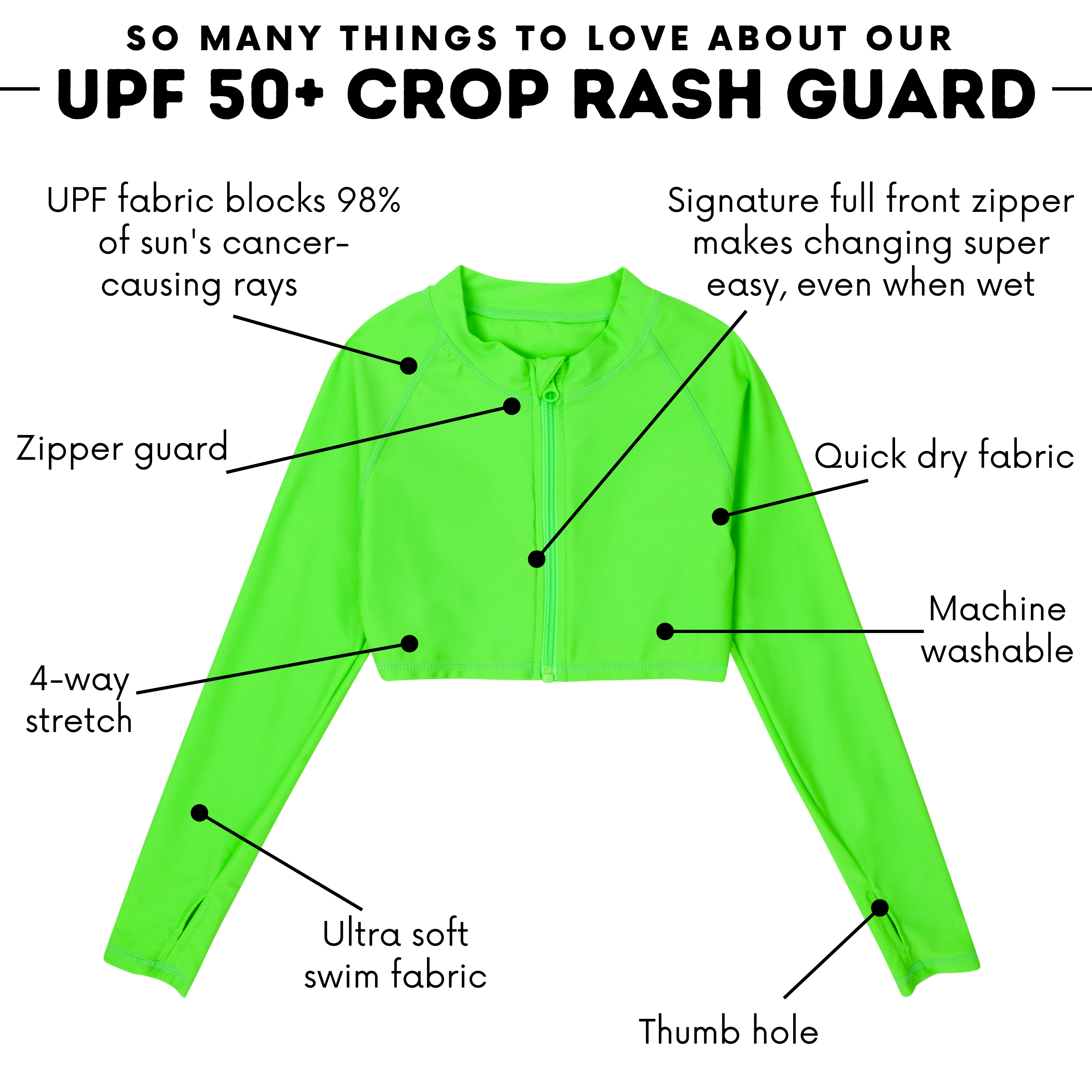 Girls Long Sleeve Crop Rash Guard | "Neon Green"-SwimZip UPF 50+ Sun Protective Swimwear & UV Zipper Rash Guards-pos4