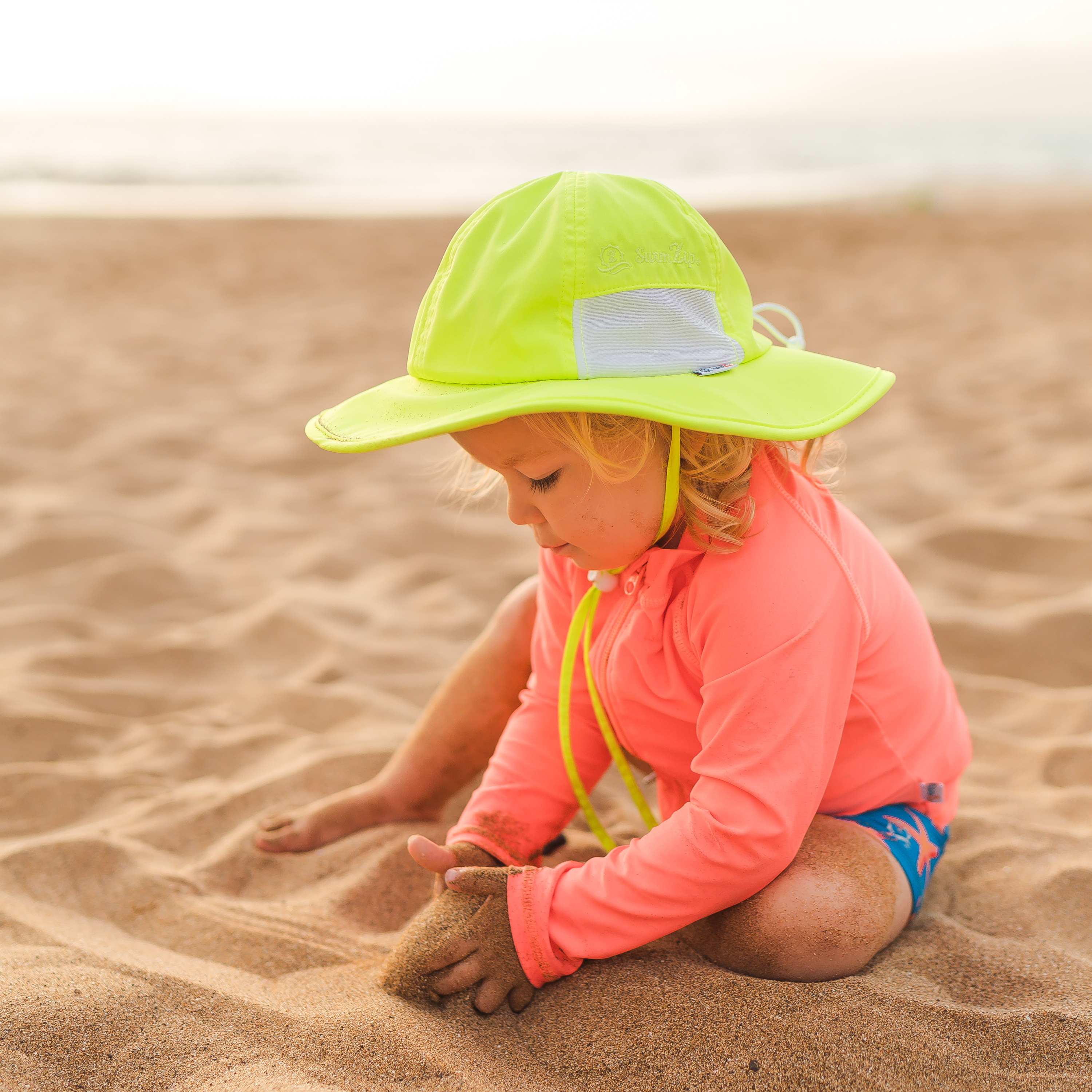 Kids Wide Brim Sun Hat "Fun Sun Day Play Hat" - Neon Lemon Yellow-SwimZip UPF 50+ Sun Protective Swimwear & UV Zipper Rash Guards-pos2