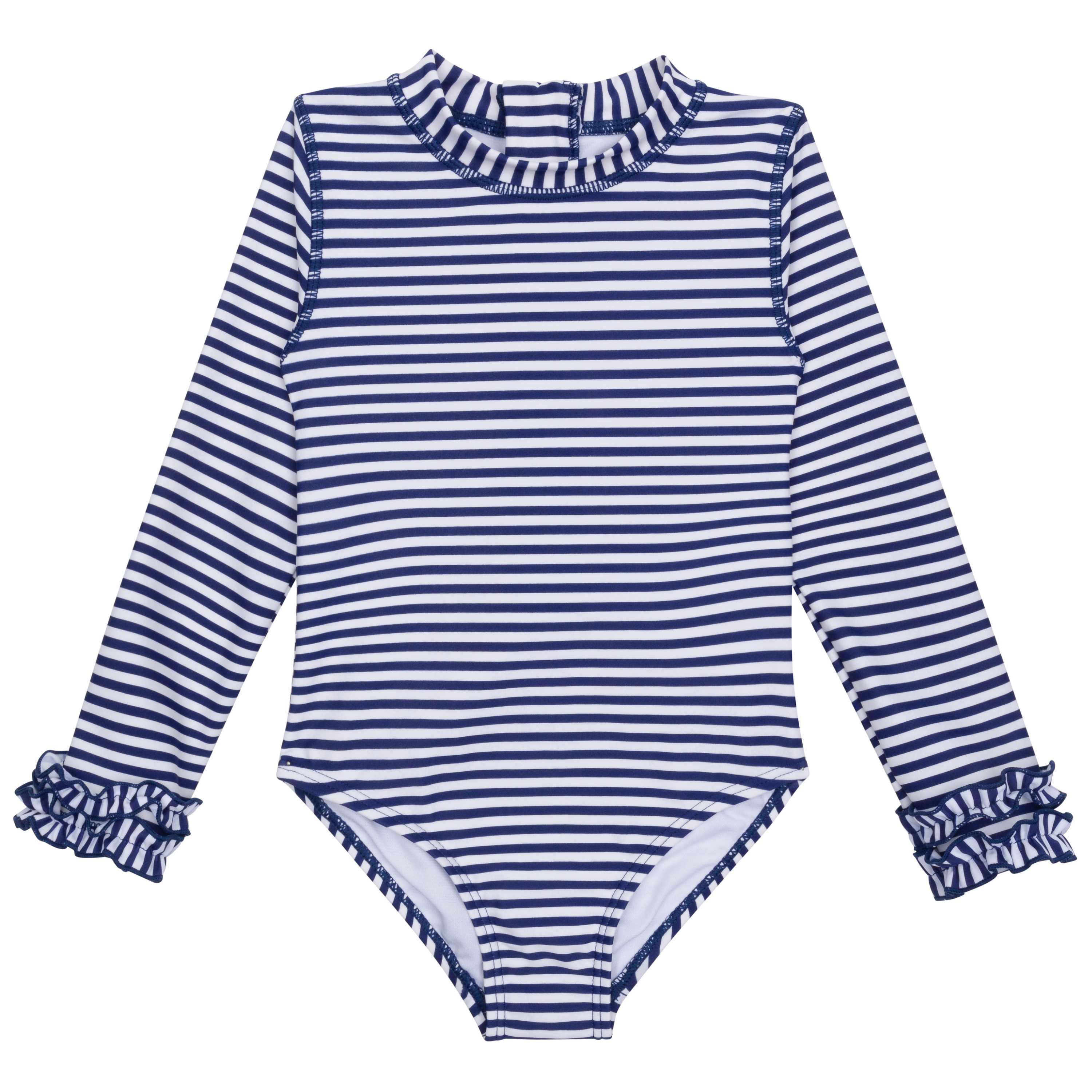 Girls Long Sleeve Surf Suit (One Piece Bodysuit) | "Stunner"-0-3 Month-Navy Stripe-SwimZip UPF 50+ Sun Protective Swimwear & UV Zipper Rash Guards-pos1