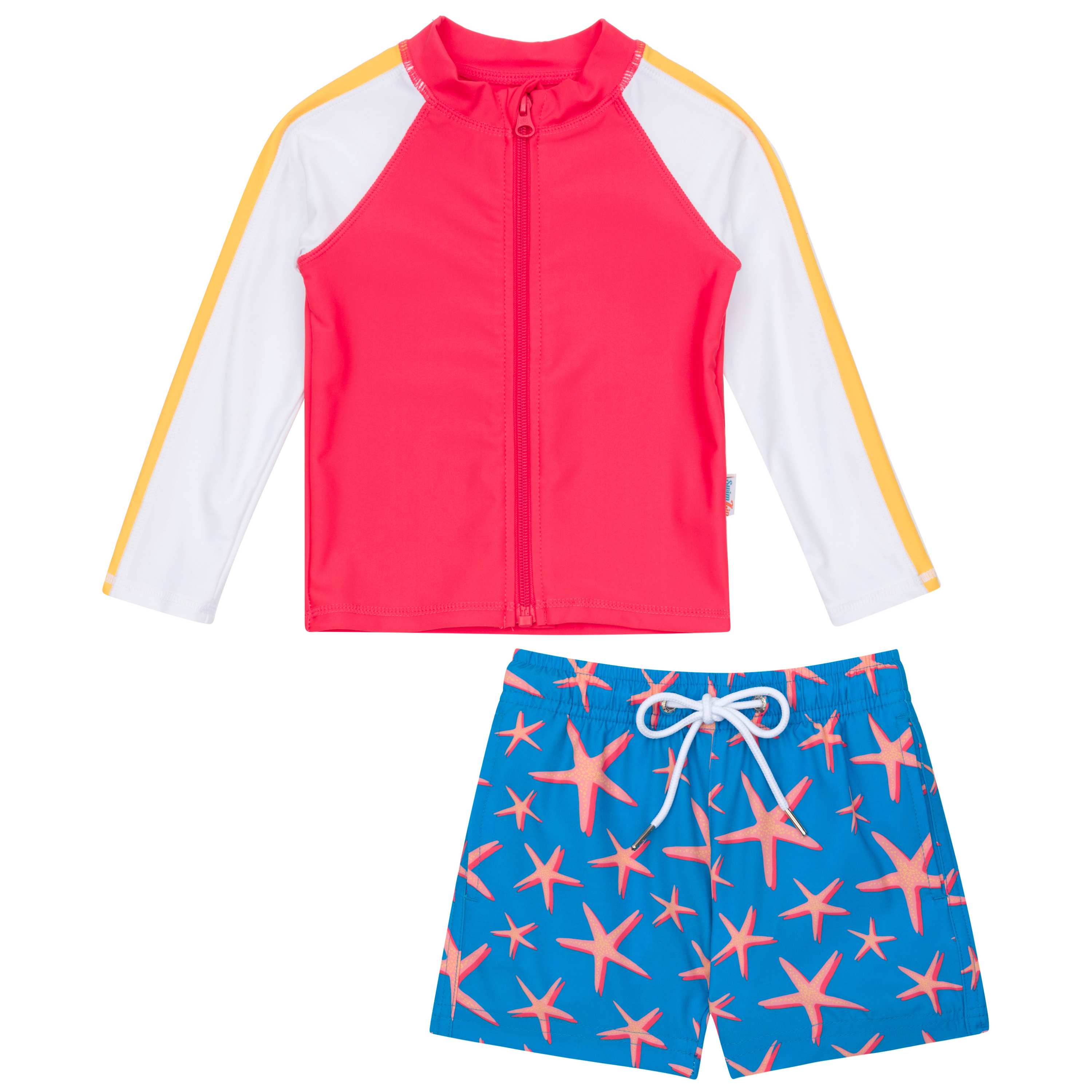 Boys Long Sleeve Zipper Rash Guard and Swim Trunk Set | "Starfish"-0-3 Month-Starfish-SwimZip UPF 50+ Sun Protective Swimwear & UV Zipper Rash Guards-pos1