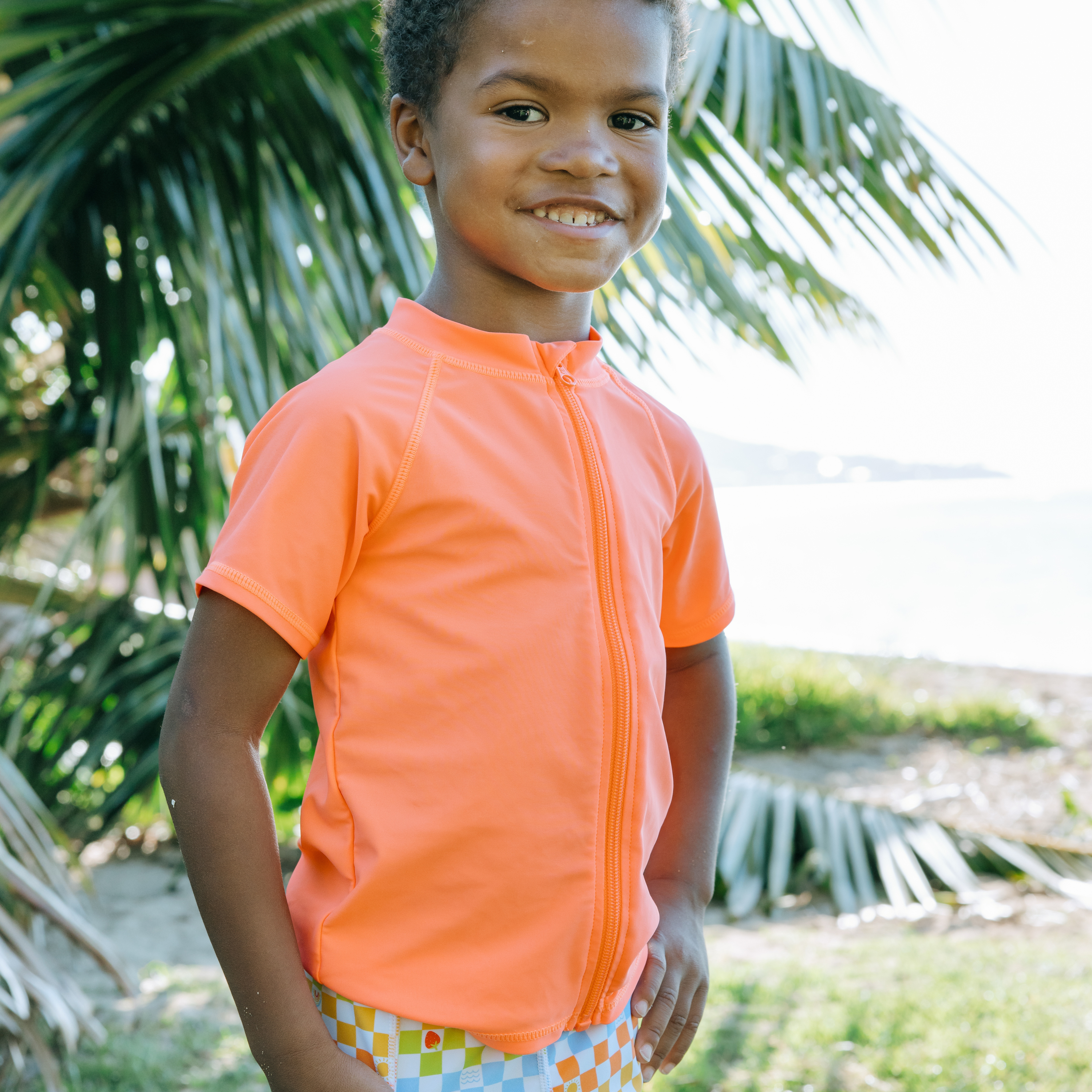 Kids Short Sleeve Zipper Rash Guard Swim Shirt | “Neon Orange”-SwimZip UPF 50+ Sun Protective Swimwear & UV Zipper Rash Guards-pos12