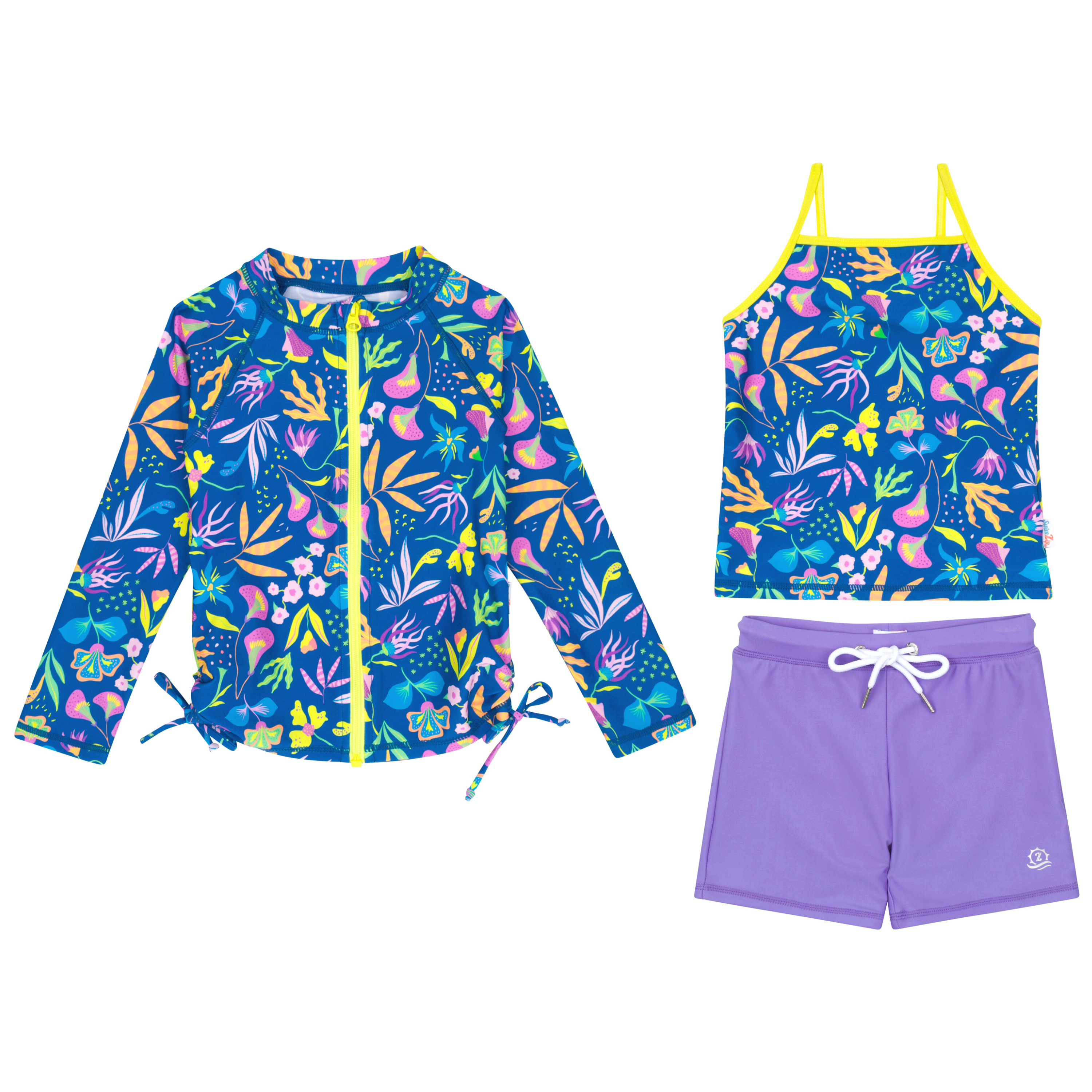 Girls Long Sleeve Rash Guard + Tankini Shorts Set (3 Piece) | "Tropadelic"-2T-Tropadelic-SwimZip UPF 50+ Sun Protective Swimwear & UV Zipper Rash Guards-pos1