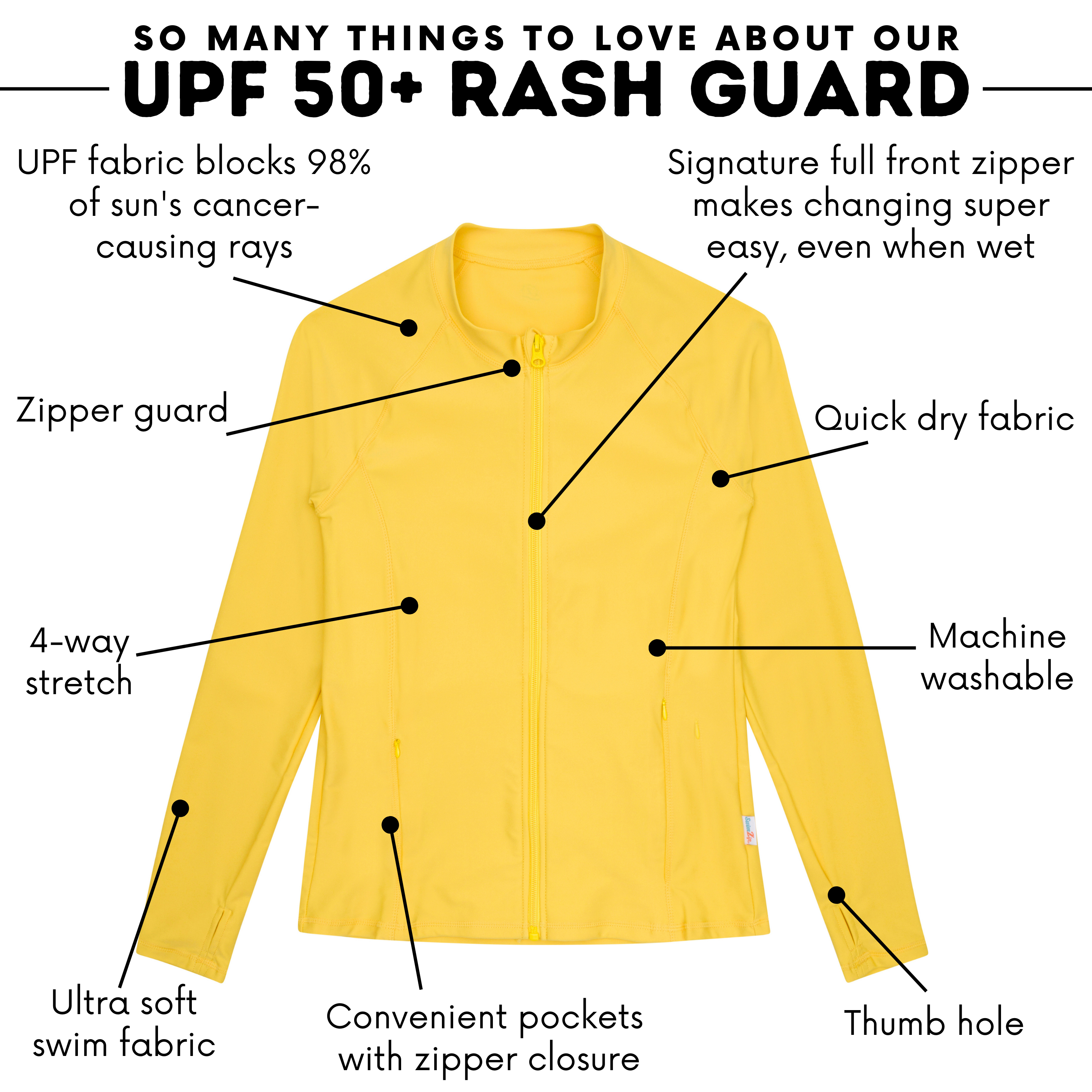 Women's Long Sleeve Rash Guard with Pockets | "Yellow"-SwimZip UPF 50+ Sun Protective Swimwear & UV Zipper Rash Guards-pos4