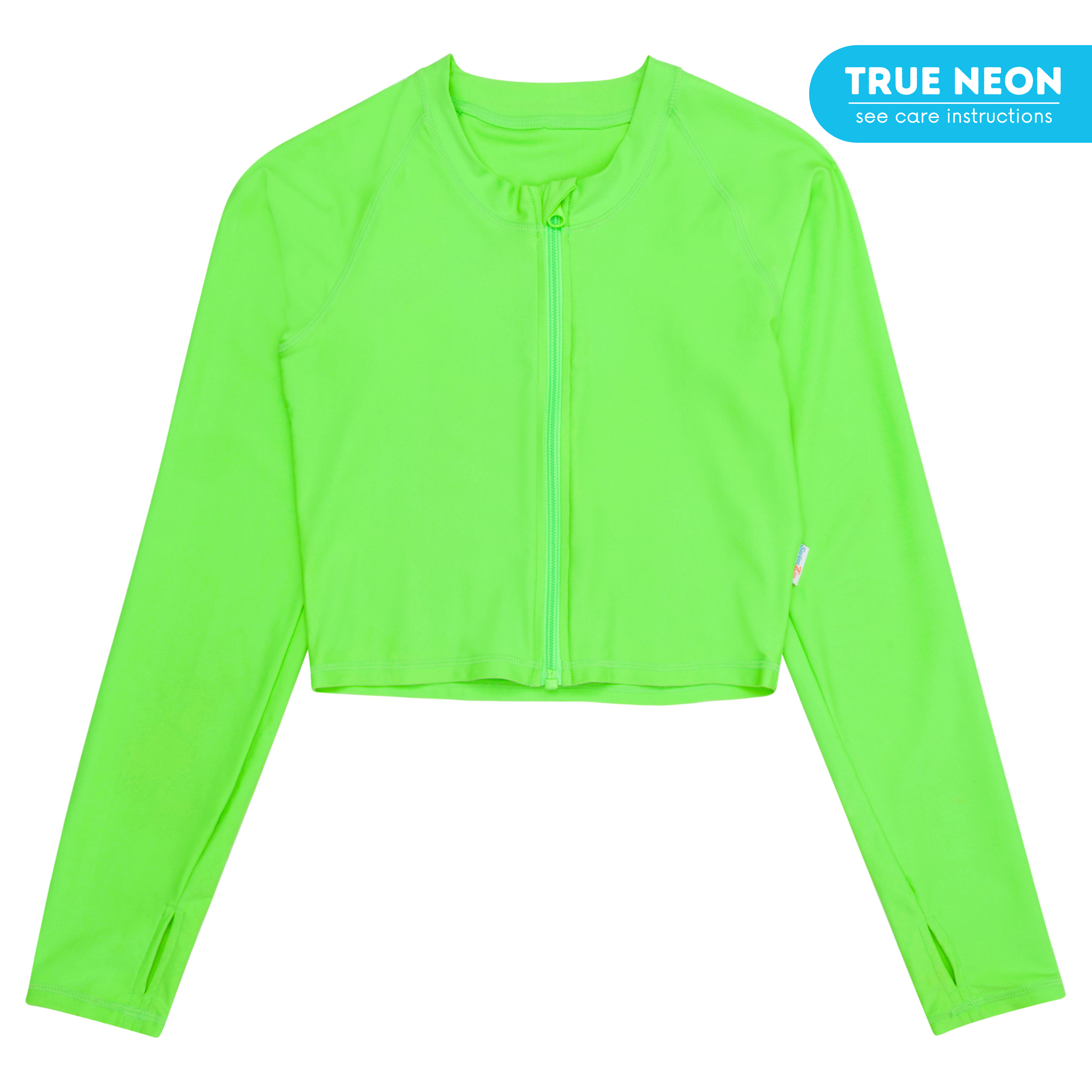 Women's Long Sleeve Crop Rash Guard | “Neon Green”-XS-Neon Green-SwimZip UPF 50+ Sun Protective Swimwear & UV Zipper Rash Guards-pos1