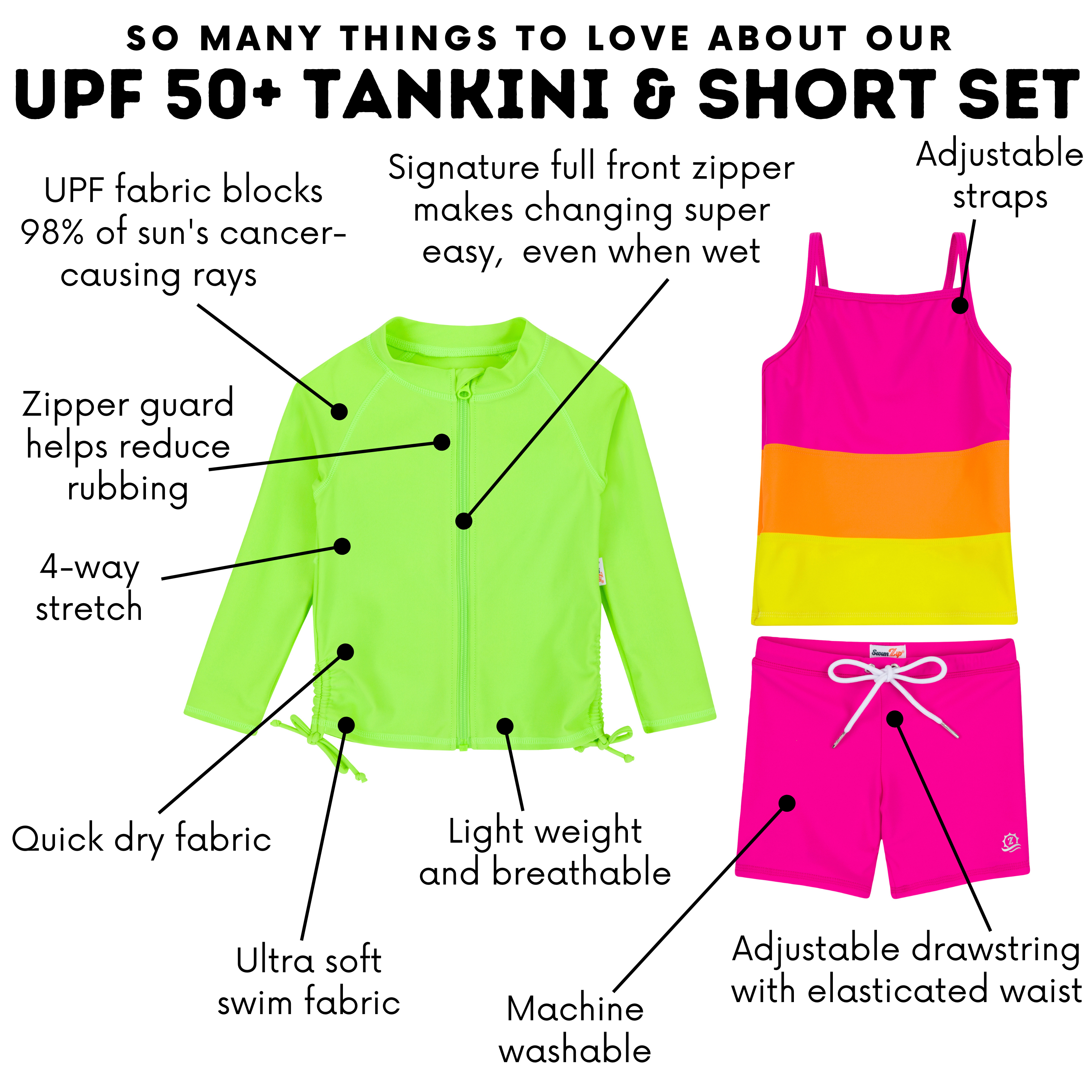 Girls Long Sleeve Rash Guard + Tankini Shorts Set (3 Piece) | "Spark"-SwimZip UPF 50+ Sun Protective Swimwear & UV Zipper Rash Guards-pos4