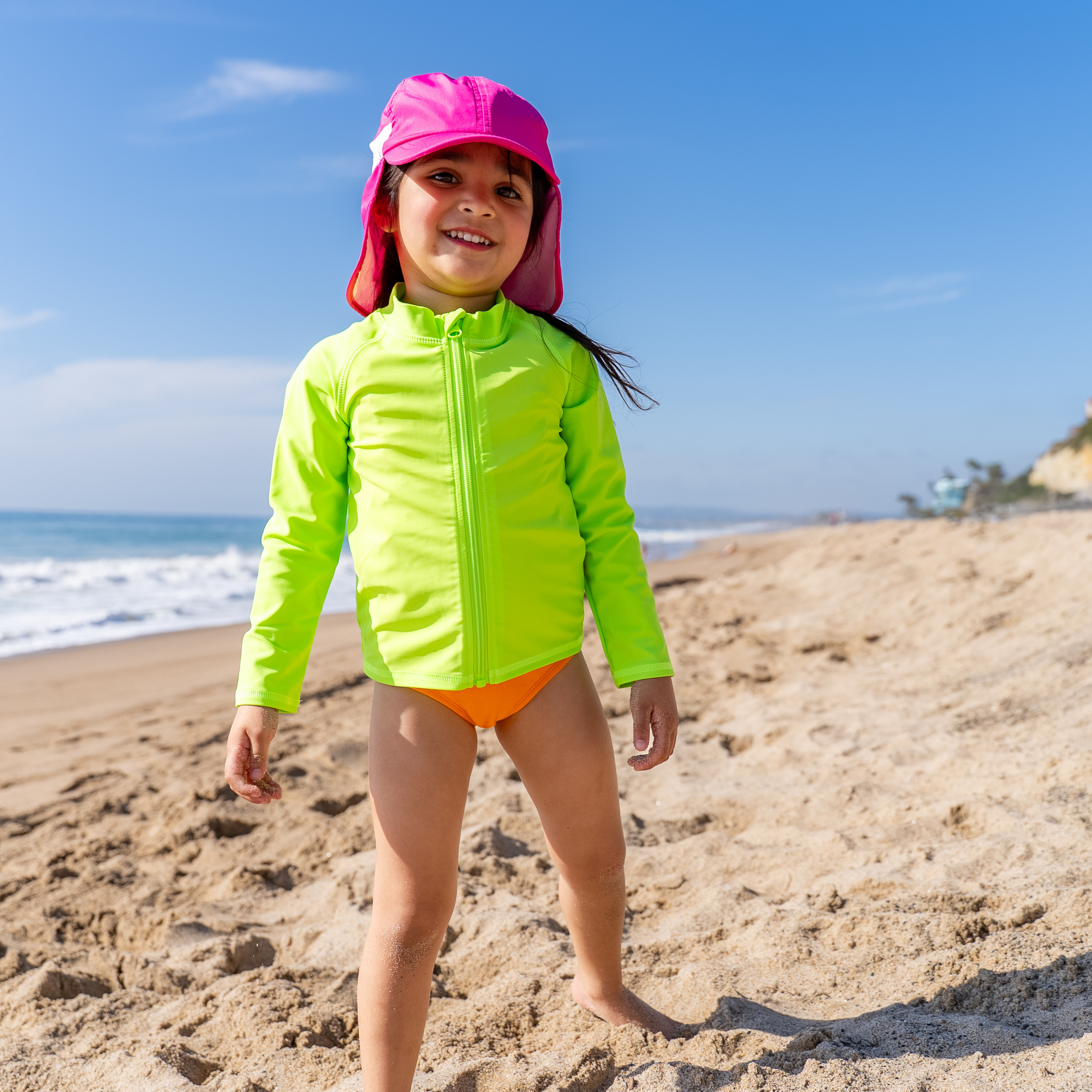 Kids UPF 50+ Long Sleeve Zipper Rash Guard Swim Shirt | "Electric Green"