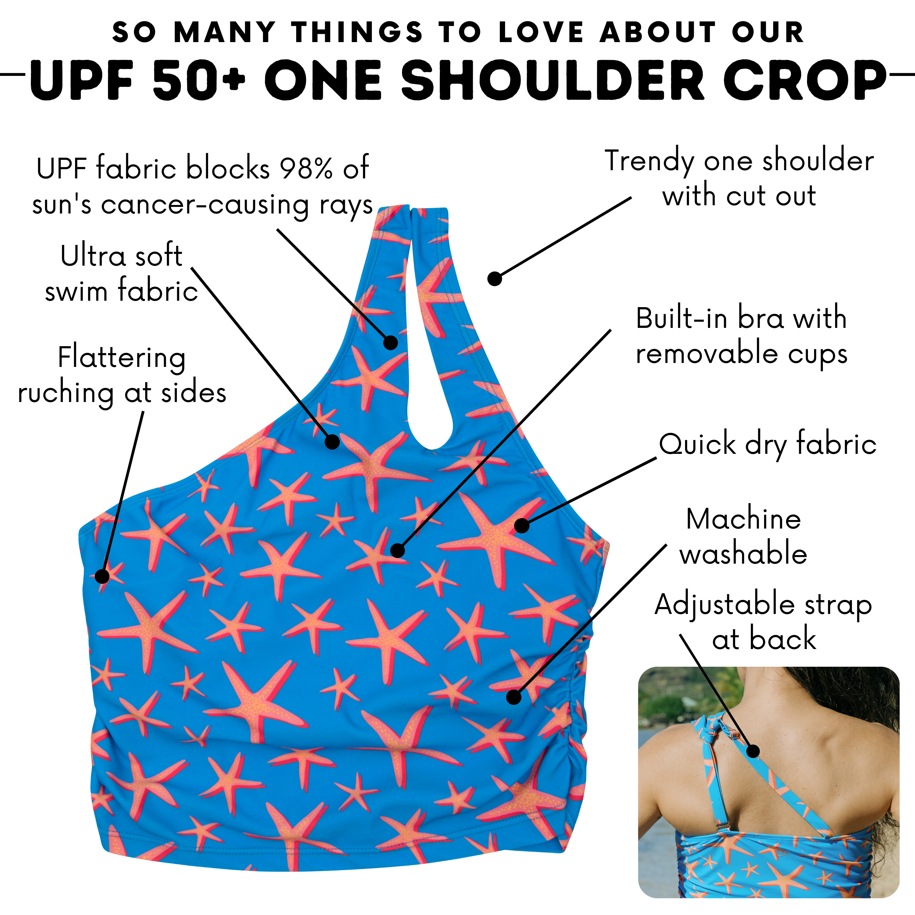 Women’s One Shoulder Crop Tankini Top | “Starfish”-SwimZip UPF 50+ Sun Protective Swimwear & UV Zipper Rash Guards-pos4