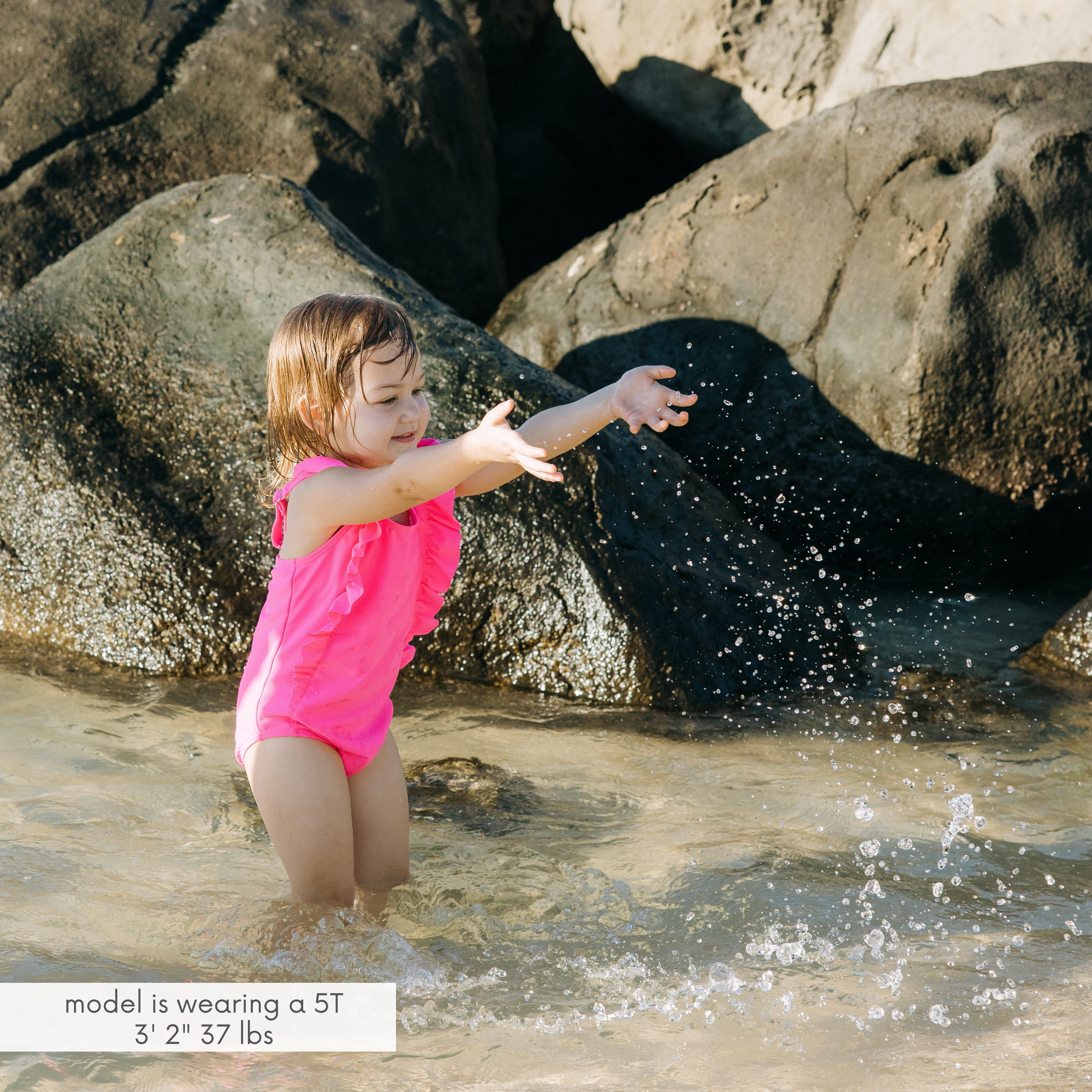 Girls Ruffle One-Piece Swimsuit | "Too Sweet" Neon Pink-SwimZip UPF 50+ Sun Protective Swimwear & UV Zipper Rash Guards-pos2
