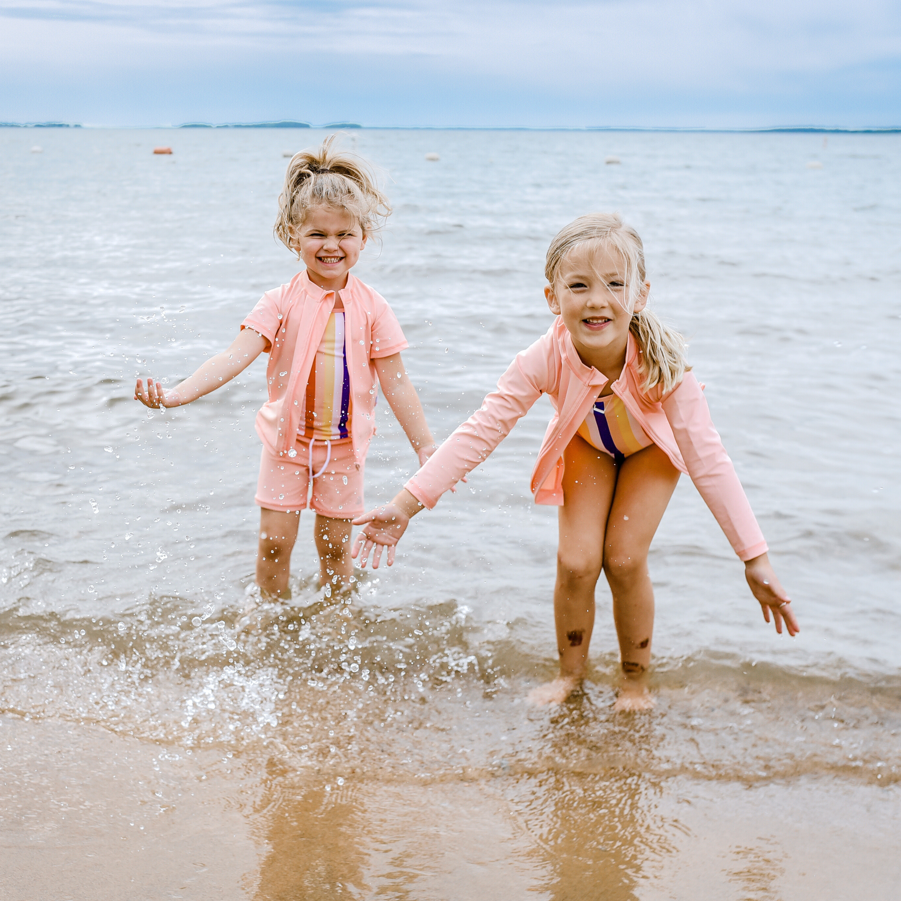 Girls Short Sleeve Rash Guard + Tankini Shorts Set (3 Piece) - "Peachy Stripes"-SwimZip UPF 50+ Sun Protective Swimwear & UV Zipper Rash Guards-pos6