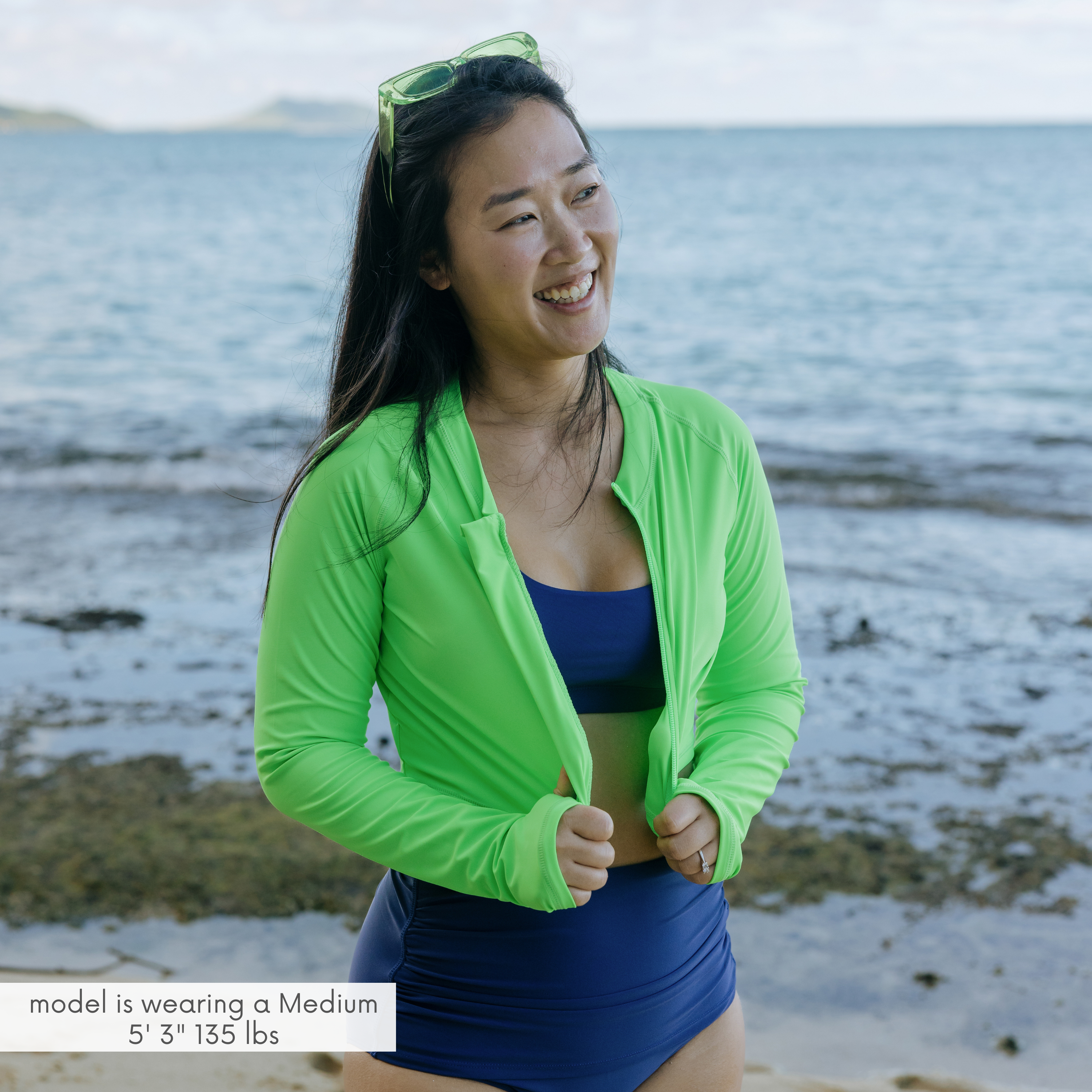 Women's Long Sleeve Crop Rash Guard | “Neon Green”-SwimZip UPF 50+ Sun Protective Swimwear & UV Zipper Rash Guards-pos2