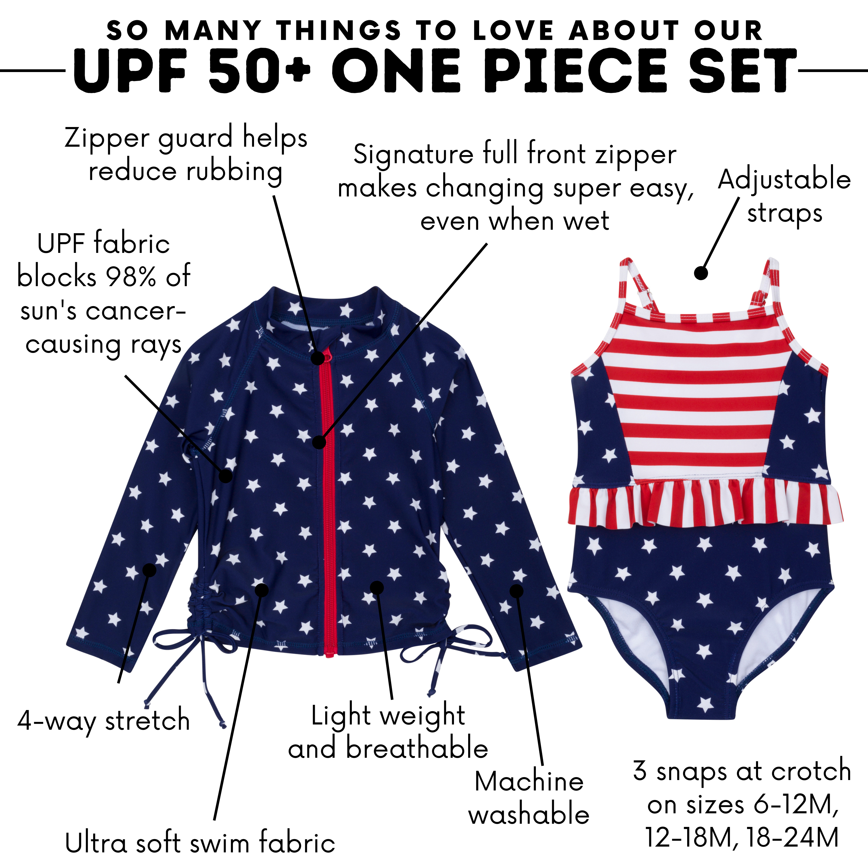 Girls One-Piece Swimsuit + Long Sleeve Rash Guard Set (2 Piece) | "Americana"-SwimZip UPF 50+ Sun Protective Swimwear & UV Zipper Rash Guards-pos4