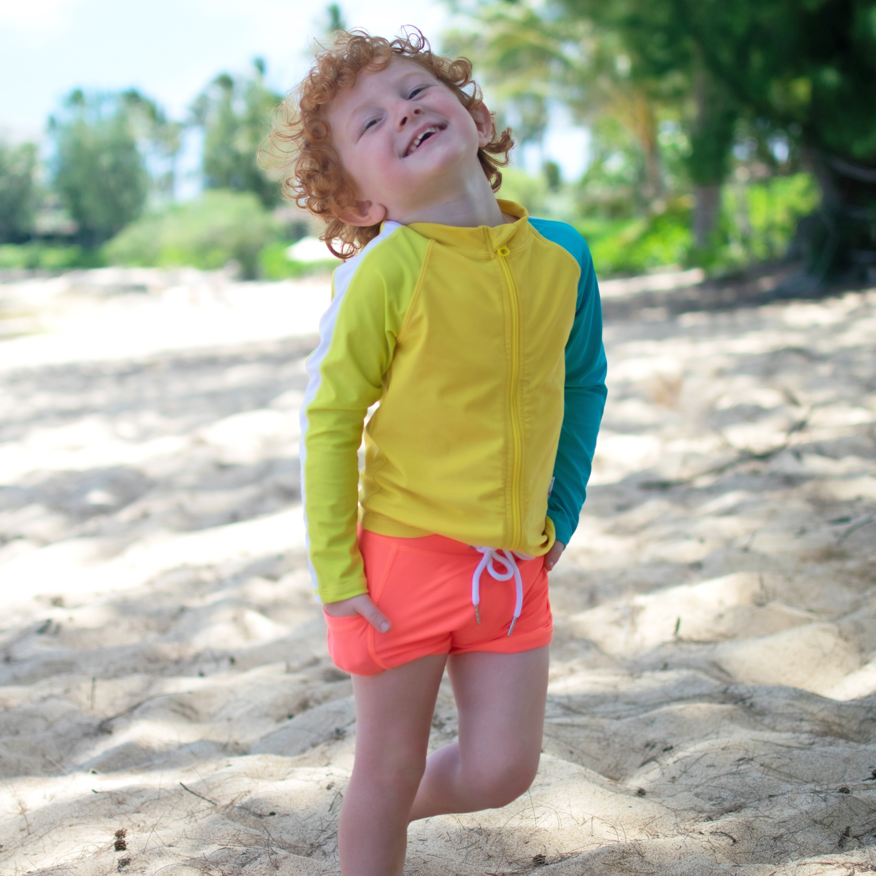 Kids Euro Swim Shorties | "Neon Orange"-SwimZip UPF 50+ Sun Protective Swimwear & UV Zipper Rash Guards-pos2