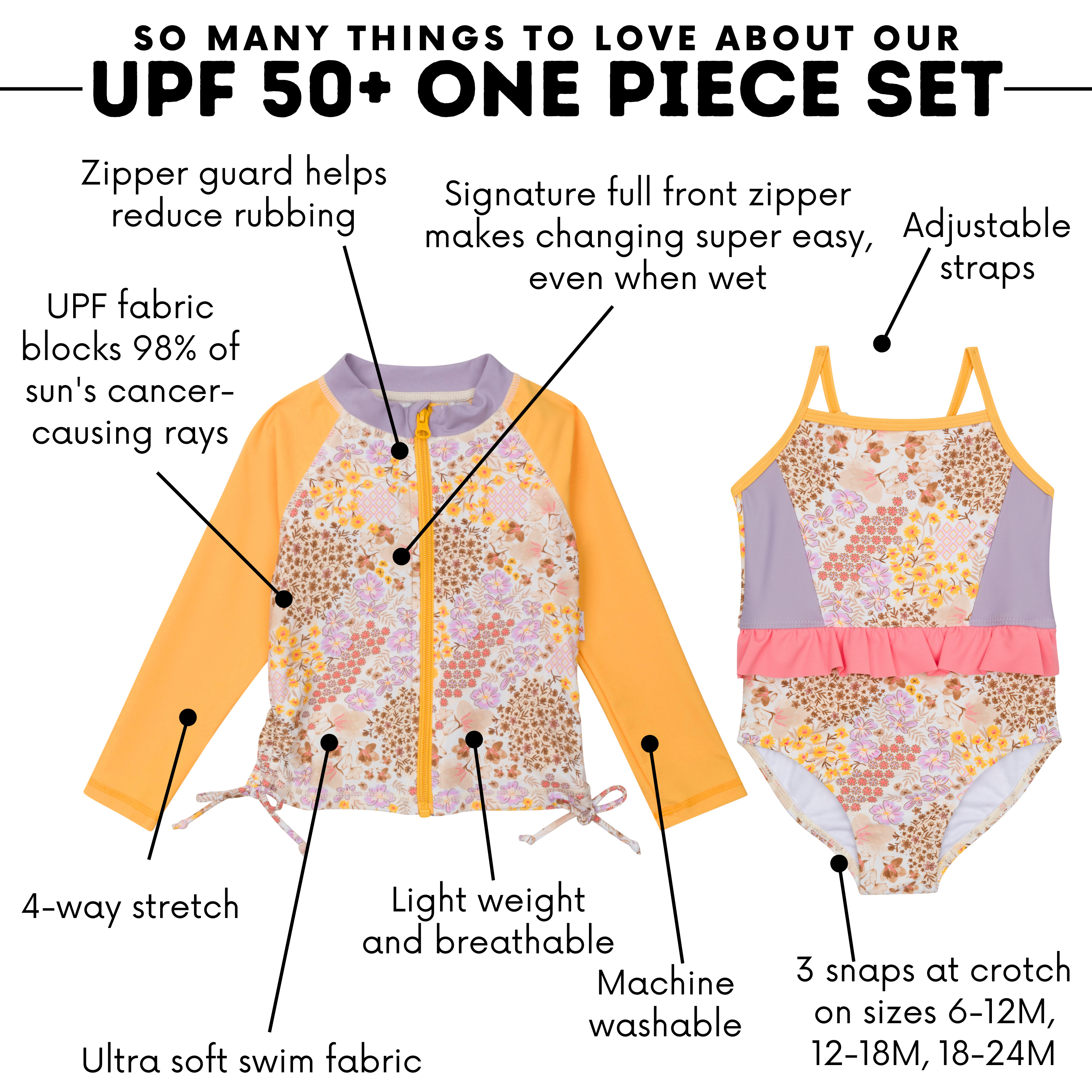 Girls One-Piece Swimsuit + Long Sleeve Rash Guard Set (2 Piece) | "Meadows"-SwimZip UPF 50+ Sun Protective Swimwear & UV Zipper Rash Guards-pos3