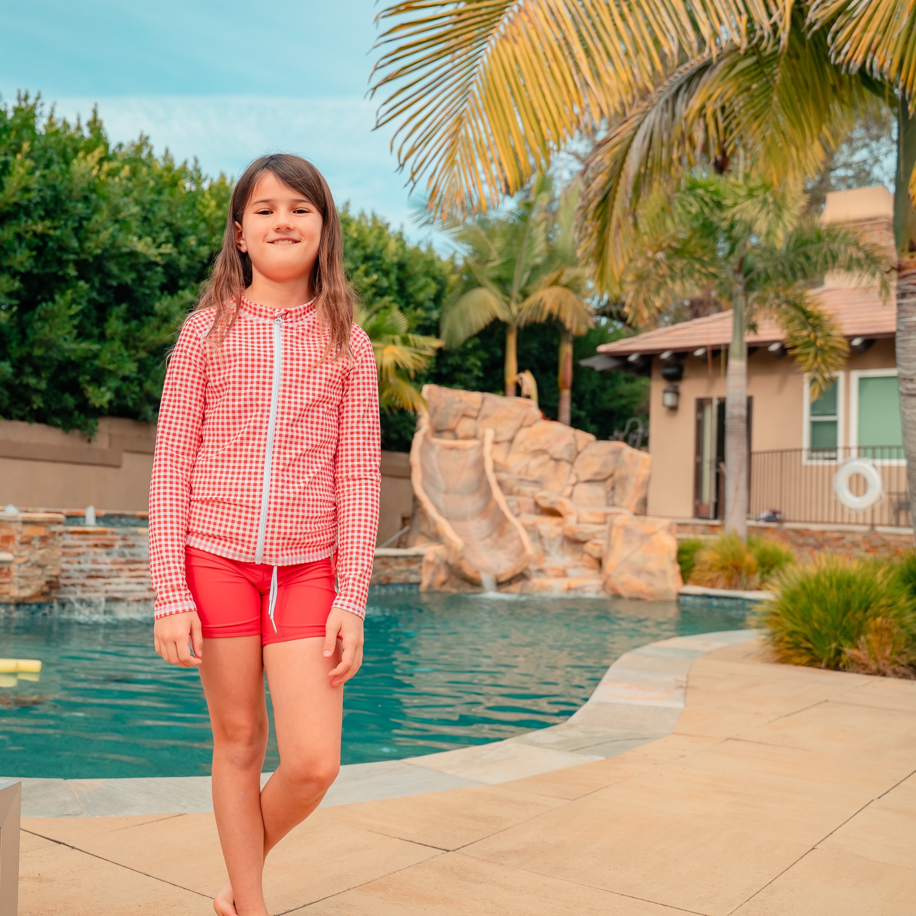 Girls Long Sleeve Rash Guard + Smocked Tankini Shorts Set (3 Piece) | "Red Gingham"-SwimZip UPF 50+ Sun Protective Swimwear & UV Zipper Rash Guards-pos2